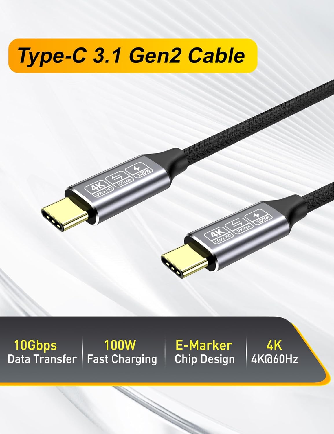 Thumbnail 1 de CAKOBLE USB-C to USB-C 3.1 Gen2 Cable: 10Gbps Data, 100W PD, 4K Output (3.3ft)