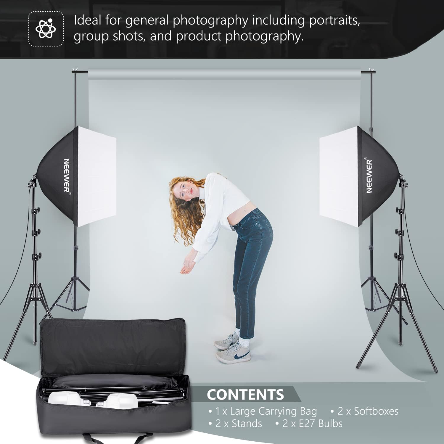 Thumbnail 5 de Neewer 700W Professional Photography Softbox Lighting Kit (24"x24" / 60x60cm) with E27 Socket & Stands