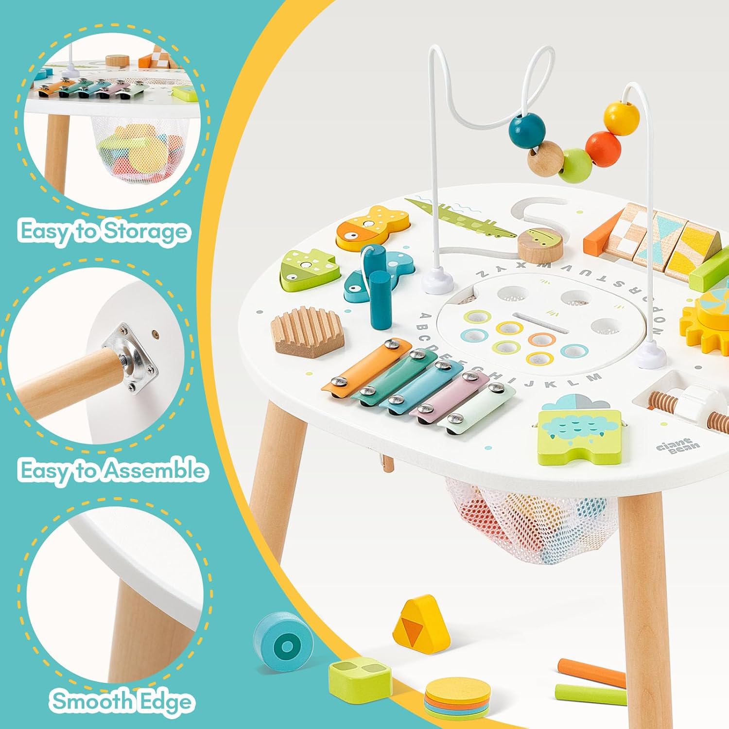 Thumbnail 3 de Giant bean Wooden Activity Table for Toddlers — 11-in-1 Montessori Learning Table (Bead Maze, Shape Sorter, Fishing Game & More)