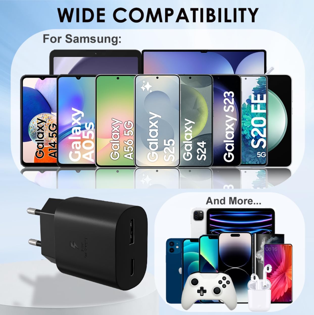 Detalle 2 de Caricabatterie USB-C 25W con 2 Porte e Cavo da 2 m per Samsung Galaxy e altri dispositivi