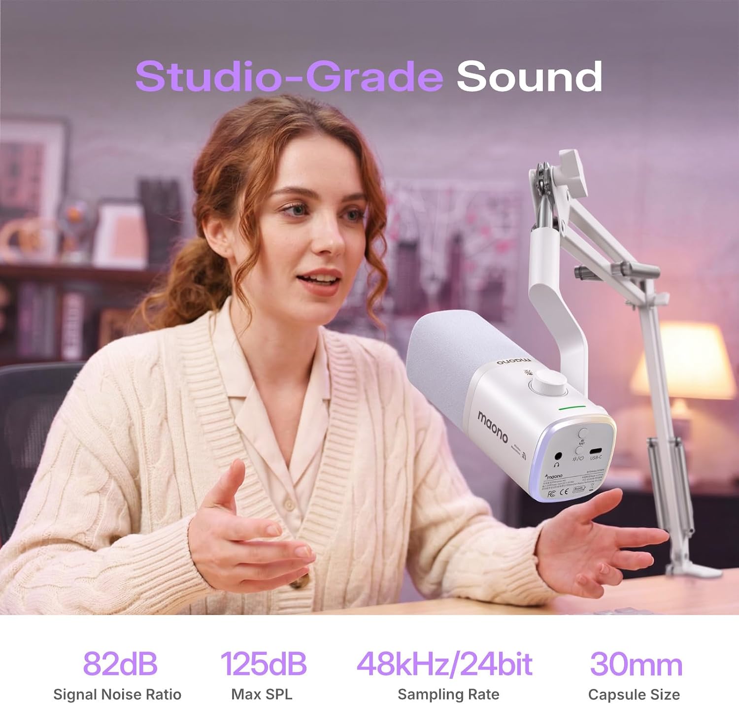Detalle de MAONO PD100W Wireless Dynamic Microphone with USB, RGB and Noise Reduction
