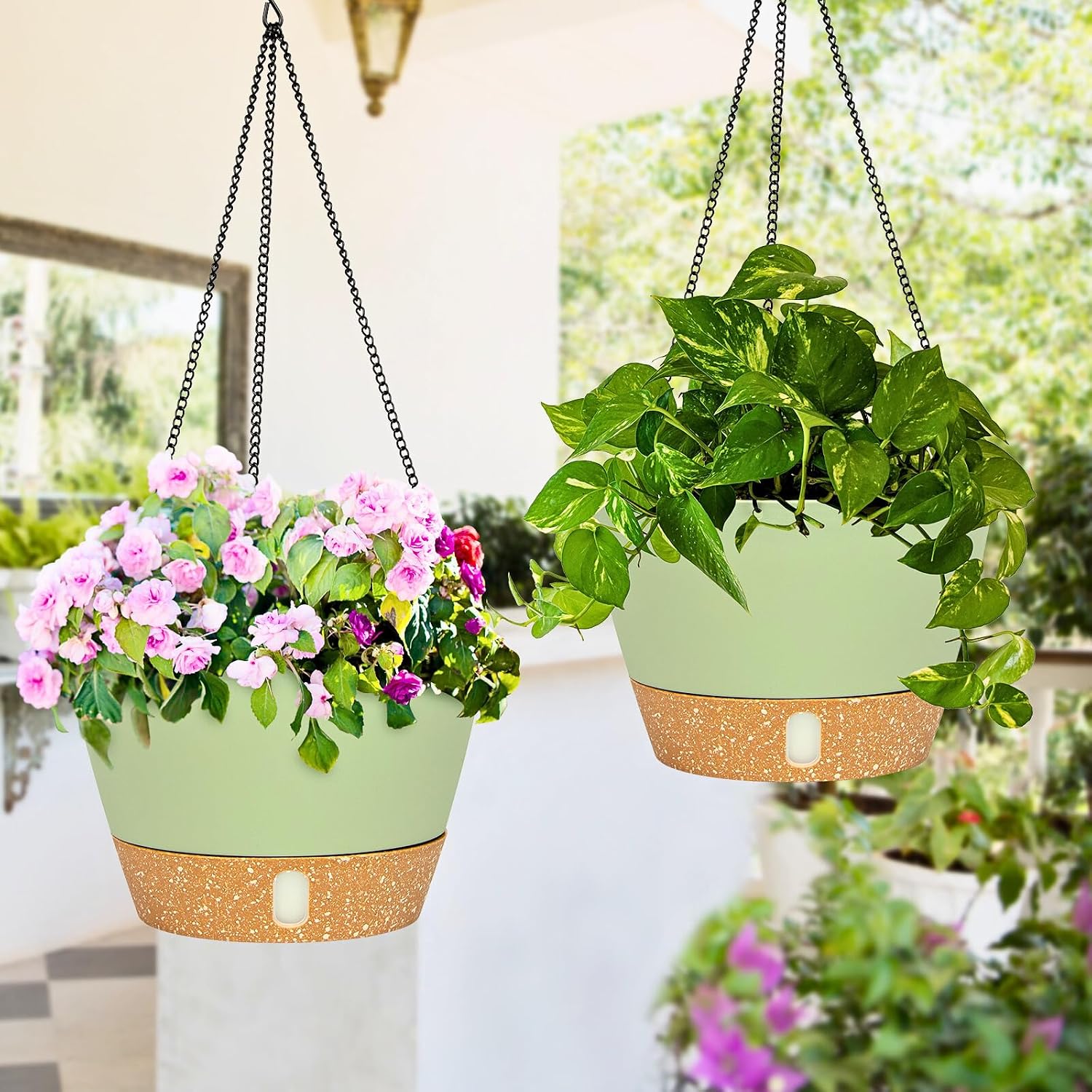 Detalle de QCQHDU 2 Pack Hanging Planters Set – 20 cm Indoor/Outdoor with Drainage and 3 Hooks