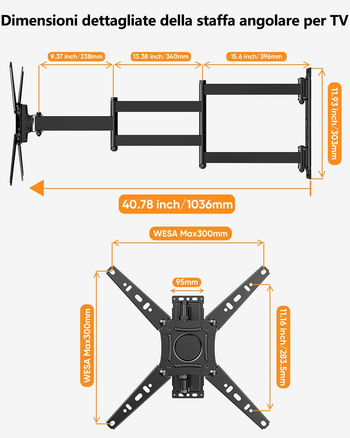 Detalle 2 de Supporto TV Parete con Braccio Articolato Extra Lungo 1035 mm – 17–50 pollici, fino a 30 kg, VESA 300×300