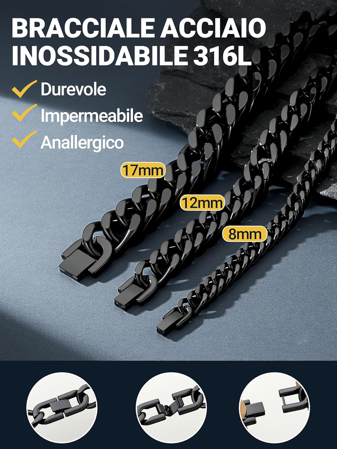 Thumbnail 4 de PROSTEEL Neutro Braccialetto Catena Cubana Uomo – 12 mm, acciaio 316L placcato oro/nero