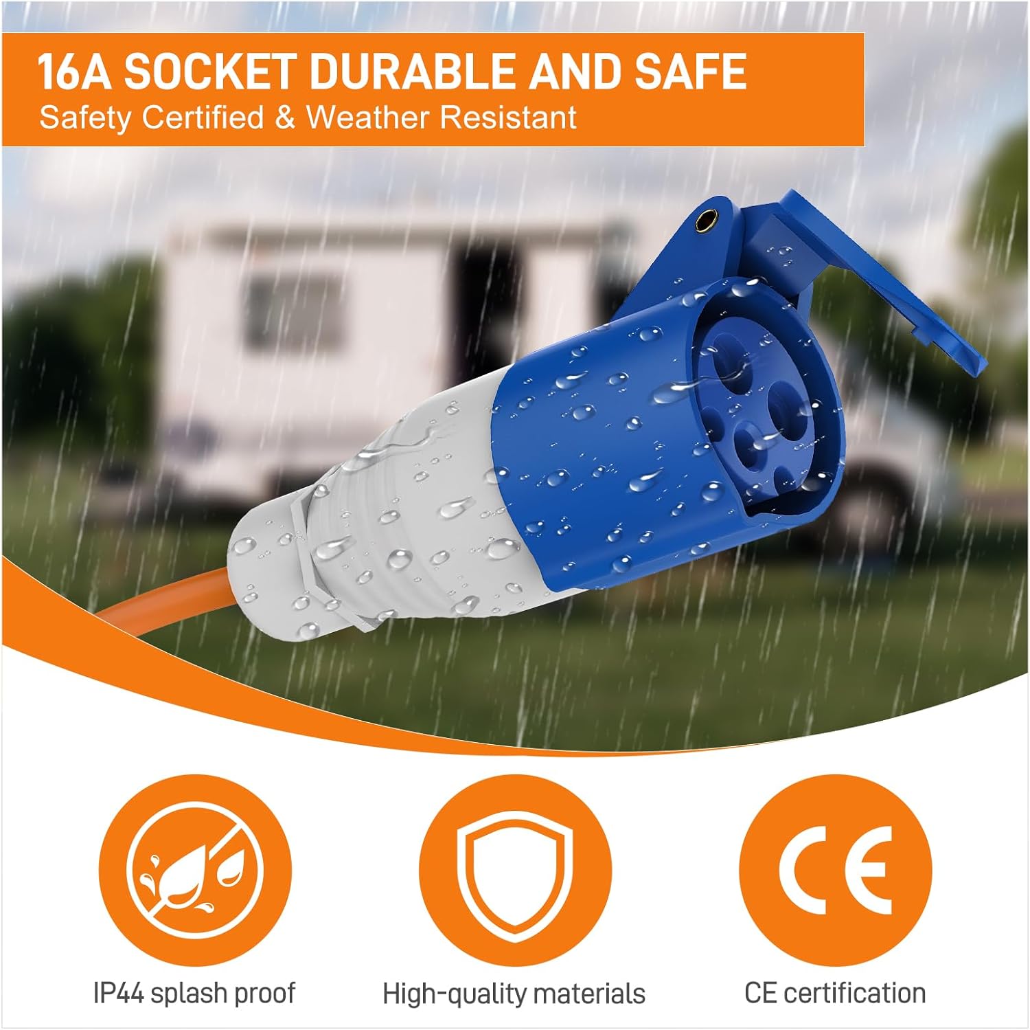 Detalle de FDTEK 16A to 13A Adapter (250V) – UK 3 Pin Plug for Caravan, Motorhome & Camping Hook-Up Cable