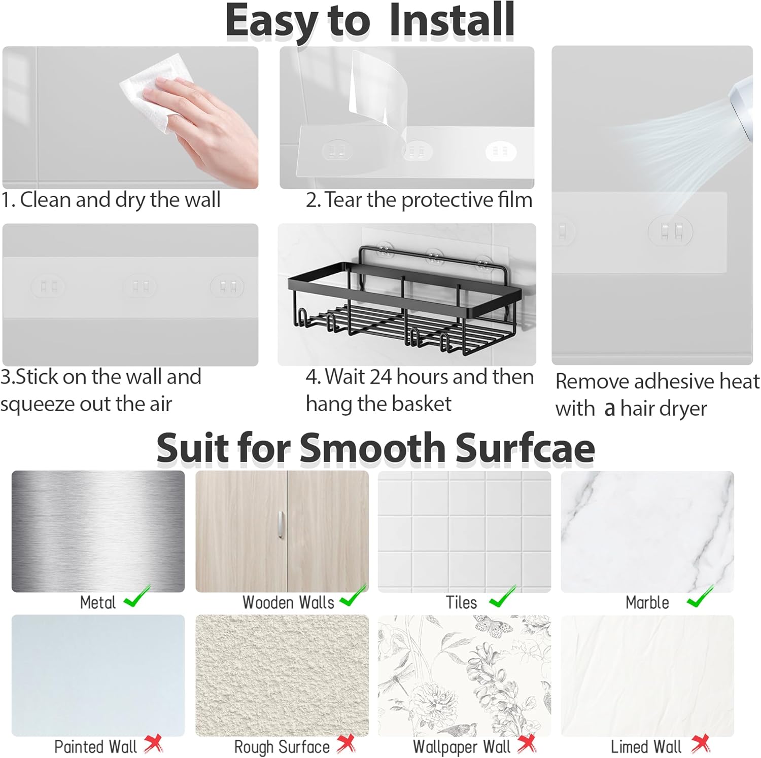 Thumbnail 6 de Liuoud 5-Pack Shower Caddy Organizer Rack – Adhesive Stainless Steel Wall Shelf Set (Black)