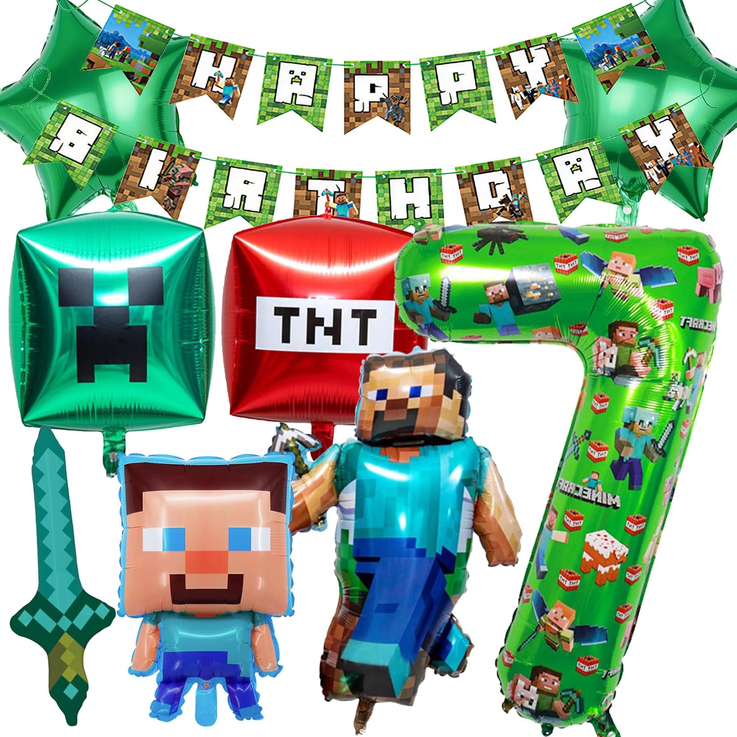 Birthday Balloons 40 inch Foil Number 7 Balloon set with banner and cartoon character decorations