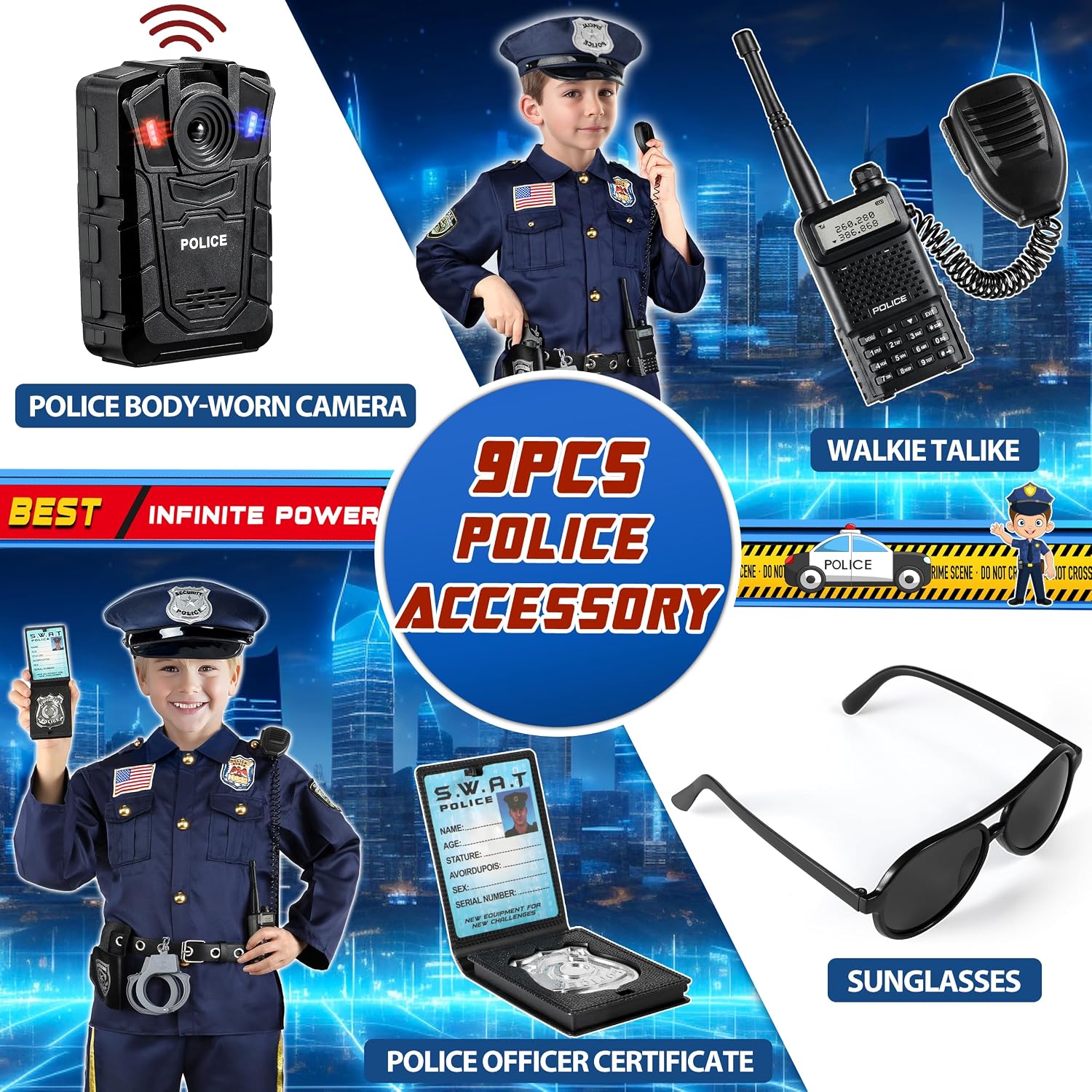 Thumbnail 6 de Metemot 9-Piece Police Costume Accessory Set for Kids, Light-and-Sound Camera