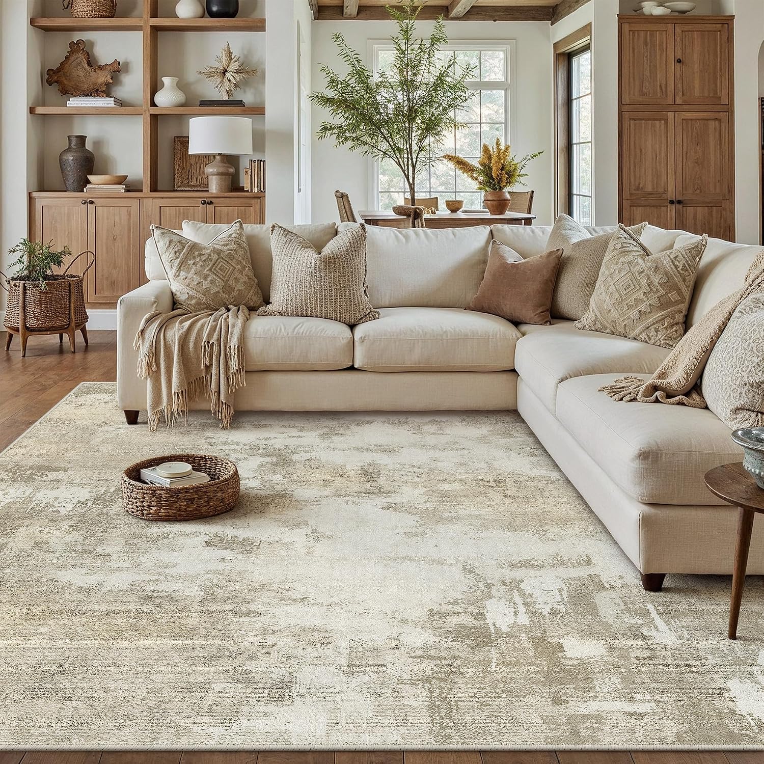 Detalle de PureCozy Beige abstrakter Kurzflor Teppich für Wohnzimmer & Schlafzimmer, rutschfest, waschbar (200x300 cm)