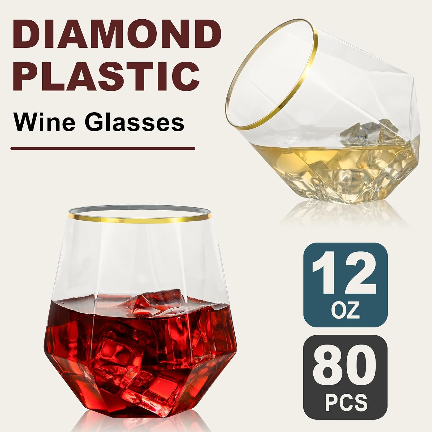 Detalle 2 de Goodluck 80 PCS Diamond Stemless Plastic Wine Glasses, 12 Oz, Gold Rim Disposable Cups