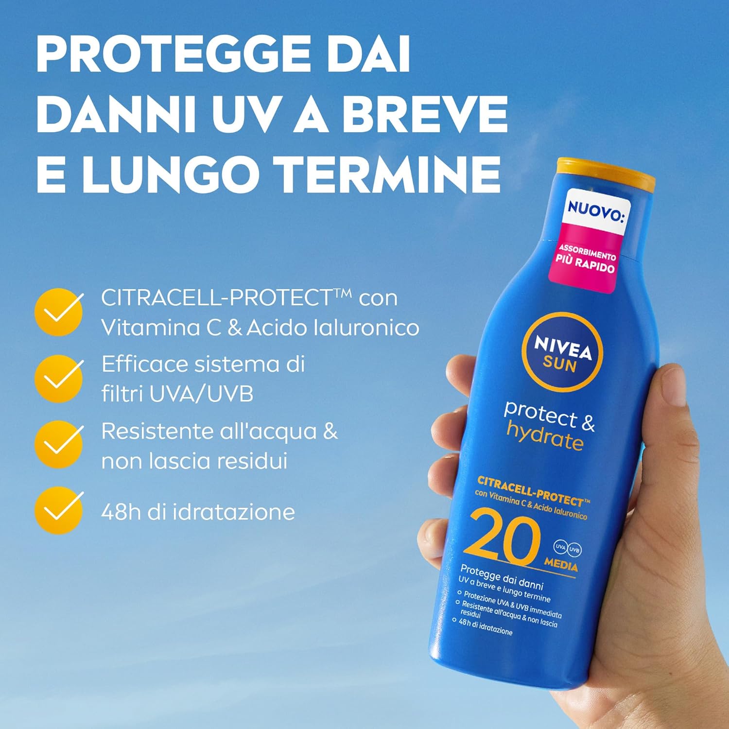 Detalle de NIVEA SUN Protect & Hydrate SPF 20, crema solare idratante 48h 200 ml con Vitamina C e Acido Ialuronico