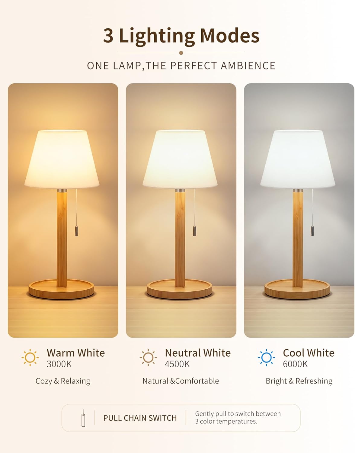 Thumbnail 6 de LuminexDesigns Rechargeable LED Table Lamp – Bamboo, Cordless with Pull-Chain, 3 Colour Temperatures (3000K-6000K)