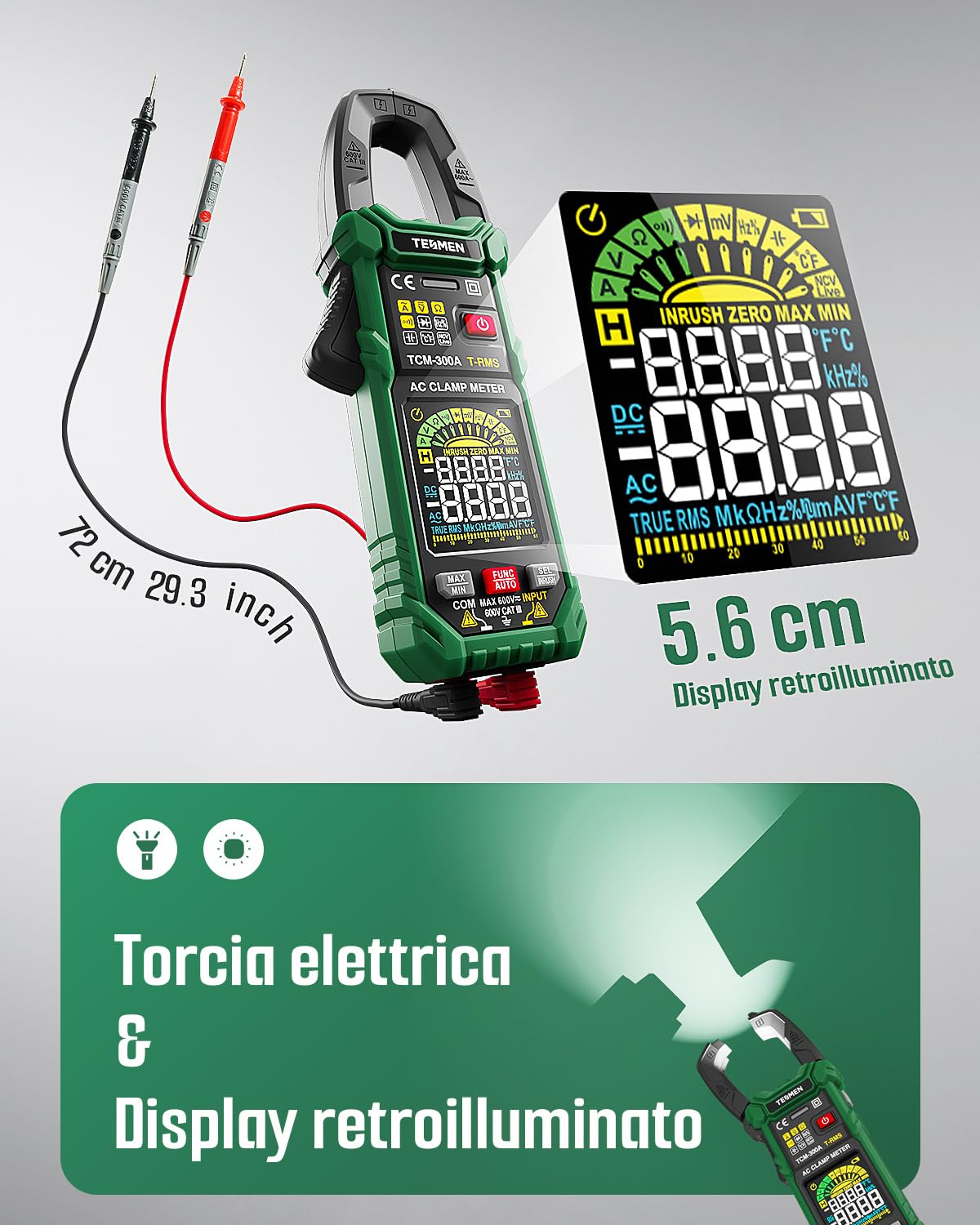 Detalle de TESMEN TCM-300A pinza amperometrica 6000 conteggi