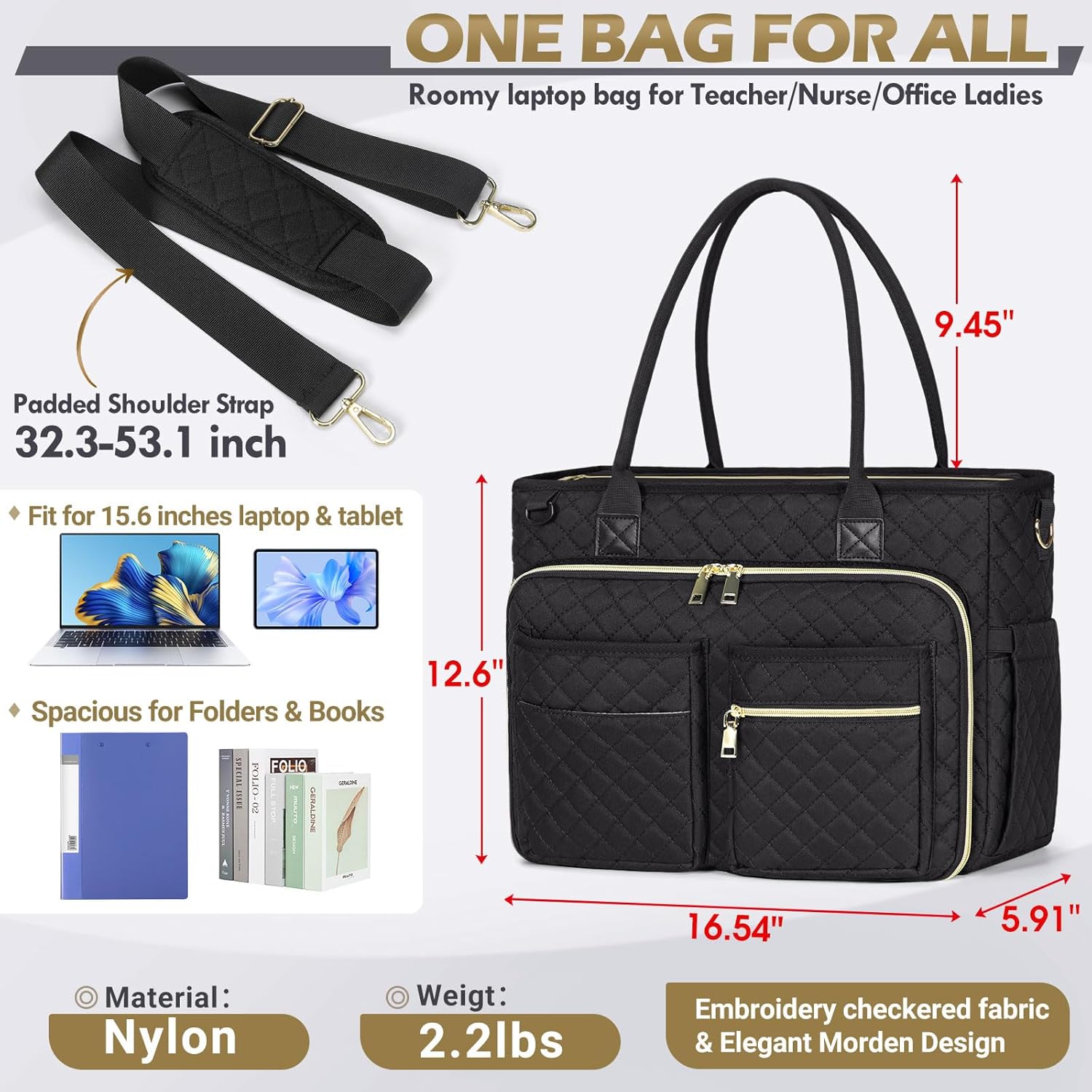 Detalle de RAINSMORE Laptop Tote Bag for Women: 15.6-inch Laptop Briefcase with Insulated Pockets