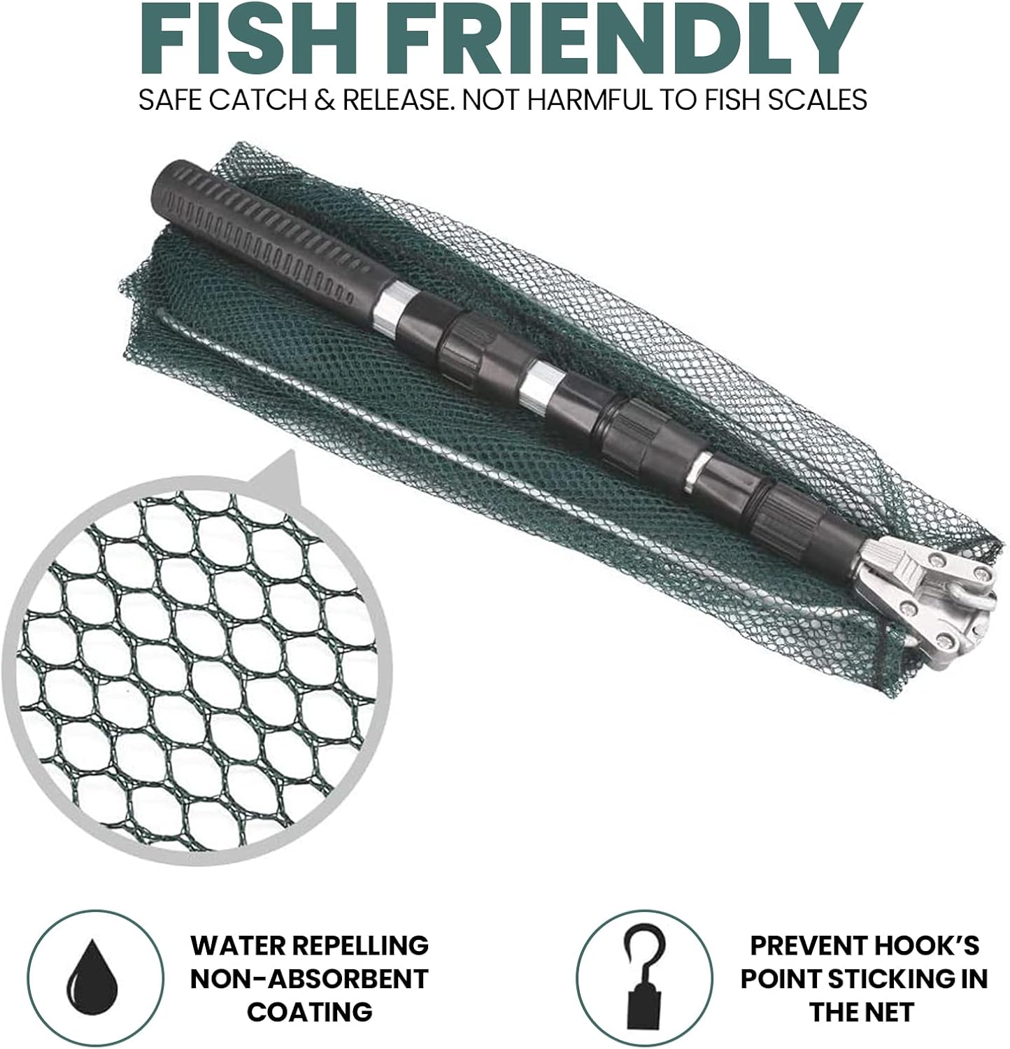Detalle de KK'S GLAMS Telescope Fishing Landing Net (Foldable 1.5m Aluminium Pole, 43cm Net) — Silver & Green