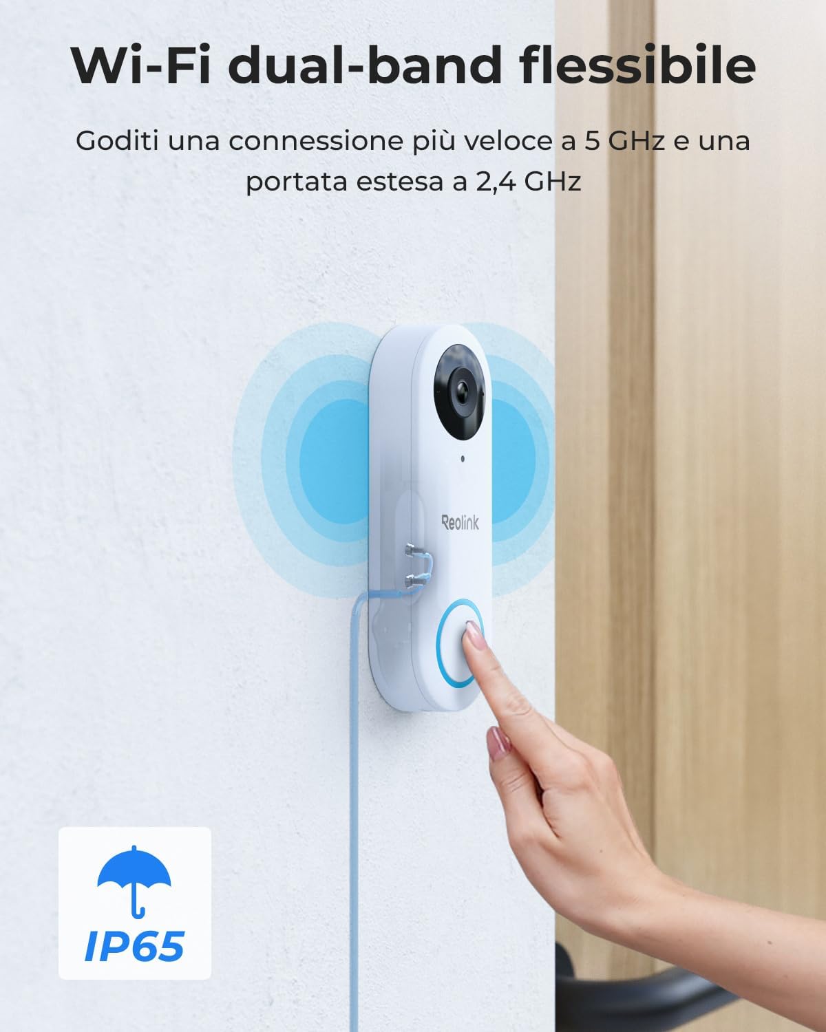 Detalle de Reolink 2K cablato videocitofono Wi‑Fi con Chime e visuale 180° (bianco) – rilevamento uomo/pacco, audio bidirezionale