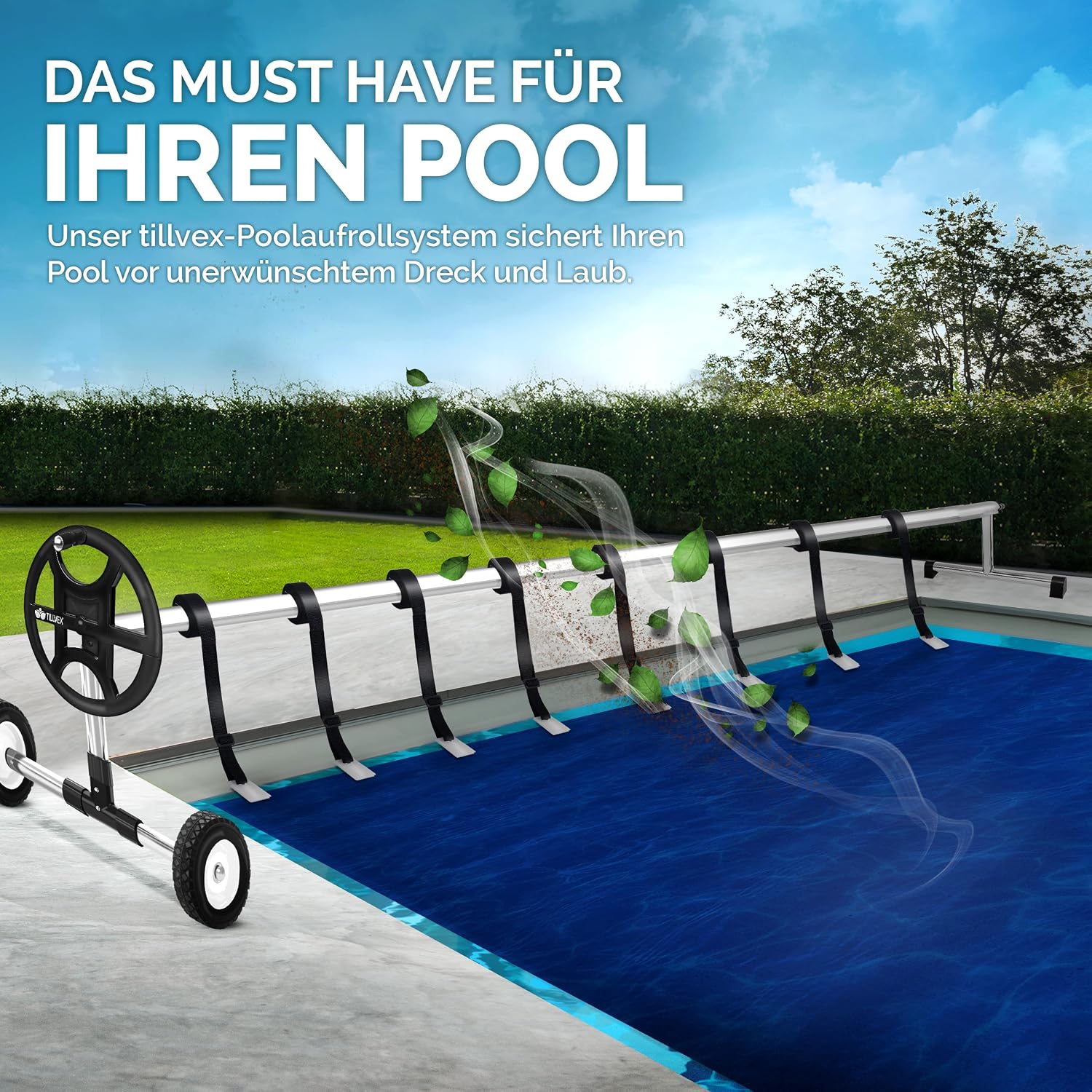 Detalle 2 de tillvex Pool Aufroller Premium 3–5,70 m – Aufrollsystem für Solarfolie und Poolabdeckung mit Vollgummireifen