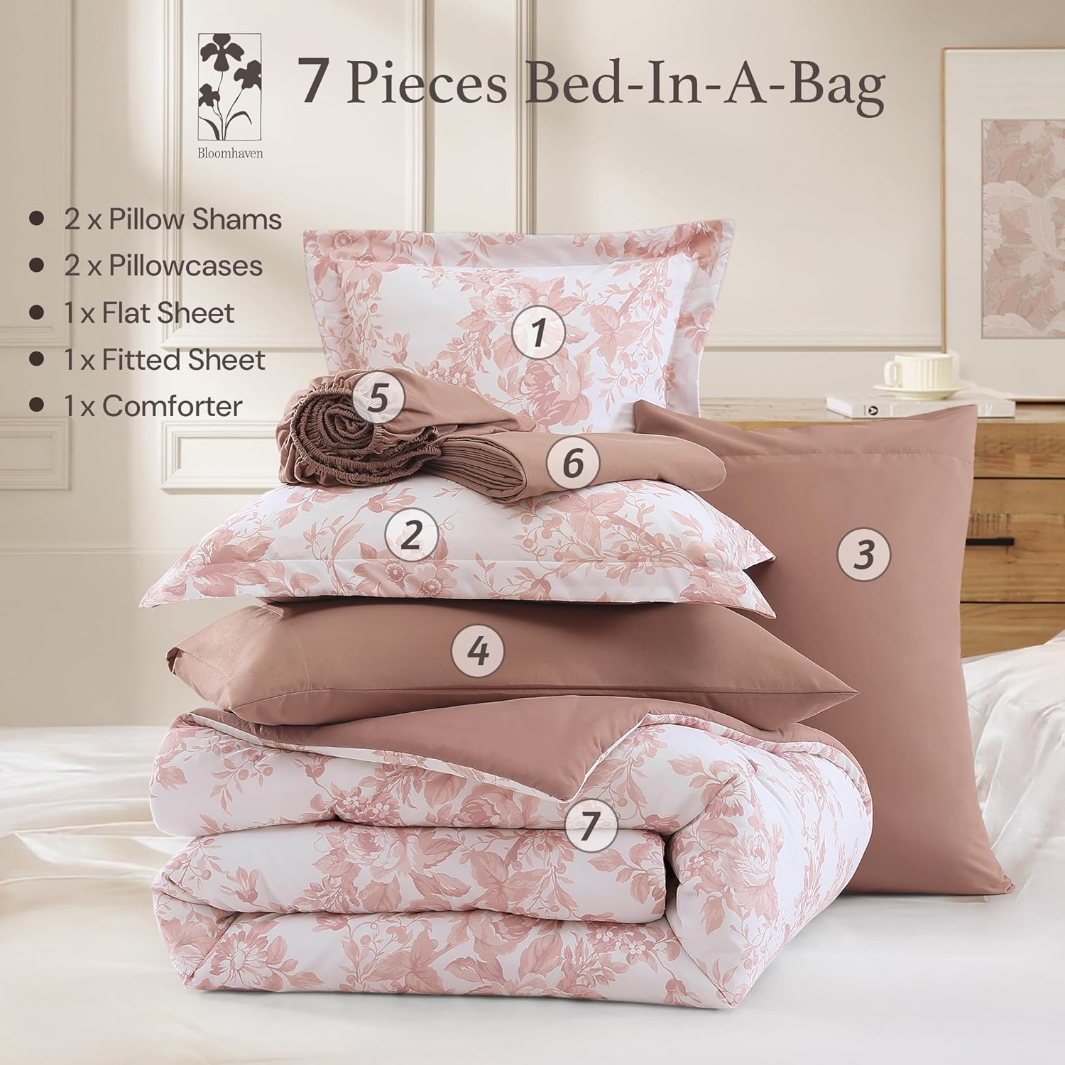 Thumbnail 6 de BLOOMHAVEN Queen Comforter Set — 7-Piece Pink Floral Bedding Ensemble