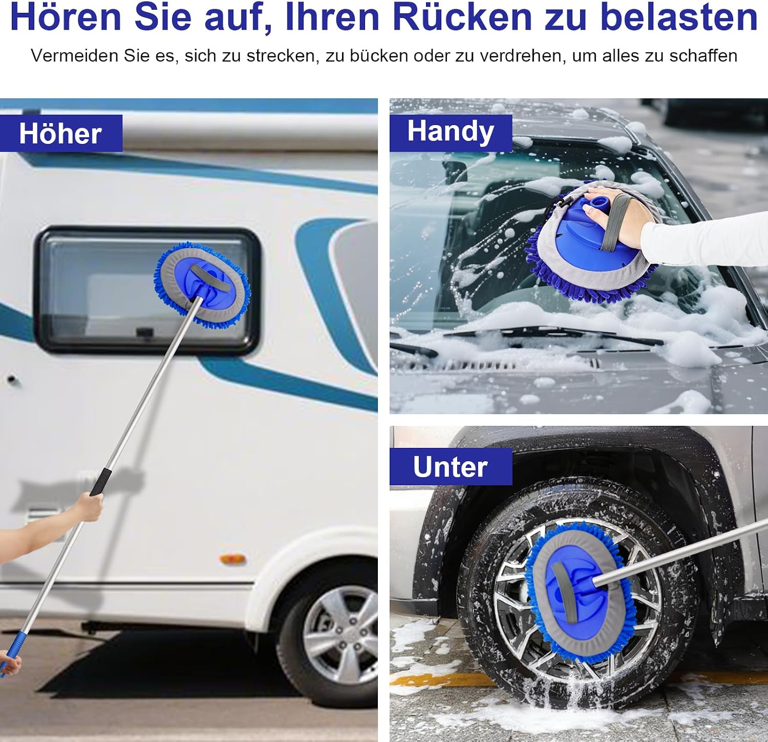 Detalle de anngrowy Autowaschbürste mit Teleskopstiel (160 cm) und 4-fach ausziehbarem Griff – 180° drehbarer Mopkopf