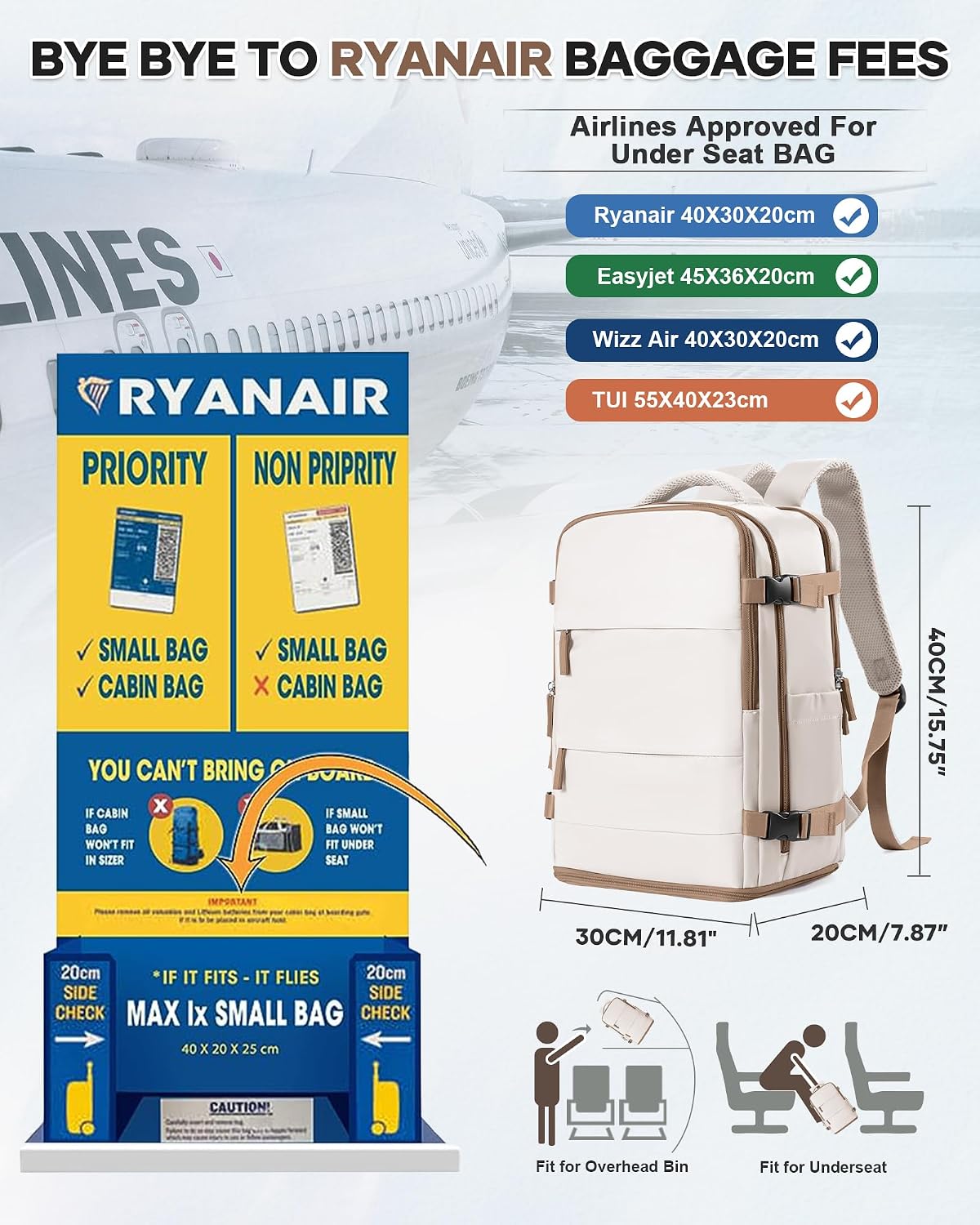 Detalle de HPLQQ Vacuum Backpack Travel Bag with Pump – Ryanair and Easyjet underseat cabin backpack (40x30x20cm)