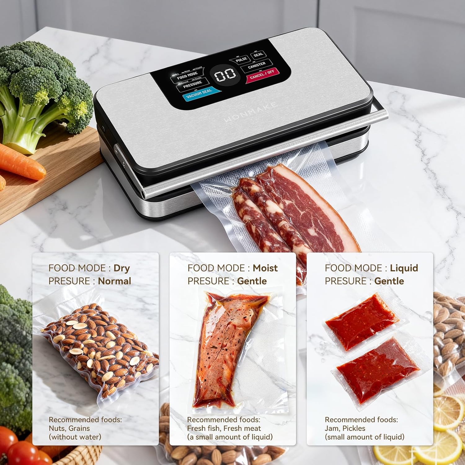 Detalle de 95kPa 10-in-1 Fully Automatic Vacuum Sealer Machine (Digital Display, Built-in Cutter, Roll Storage, Stainless Steel)