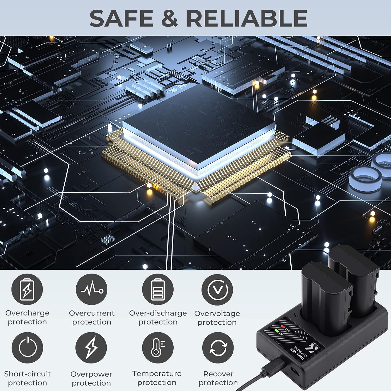 Detalle 2 de K&F CONCEPT EN-EL15 Dual Slot Fast Charger (EN-EL15/EN-EL15a/EN-EL15b) with USB-C and Micro USB cable