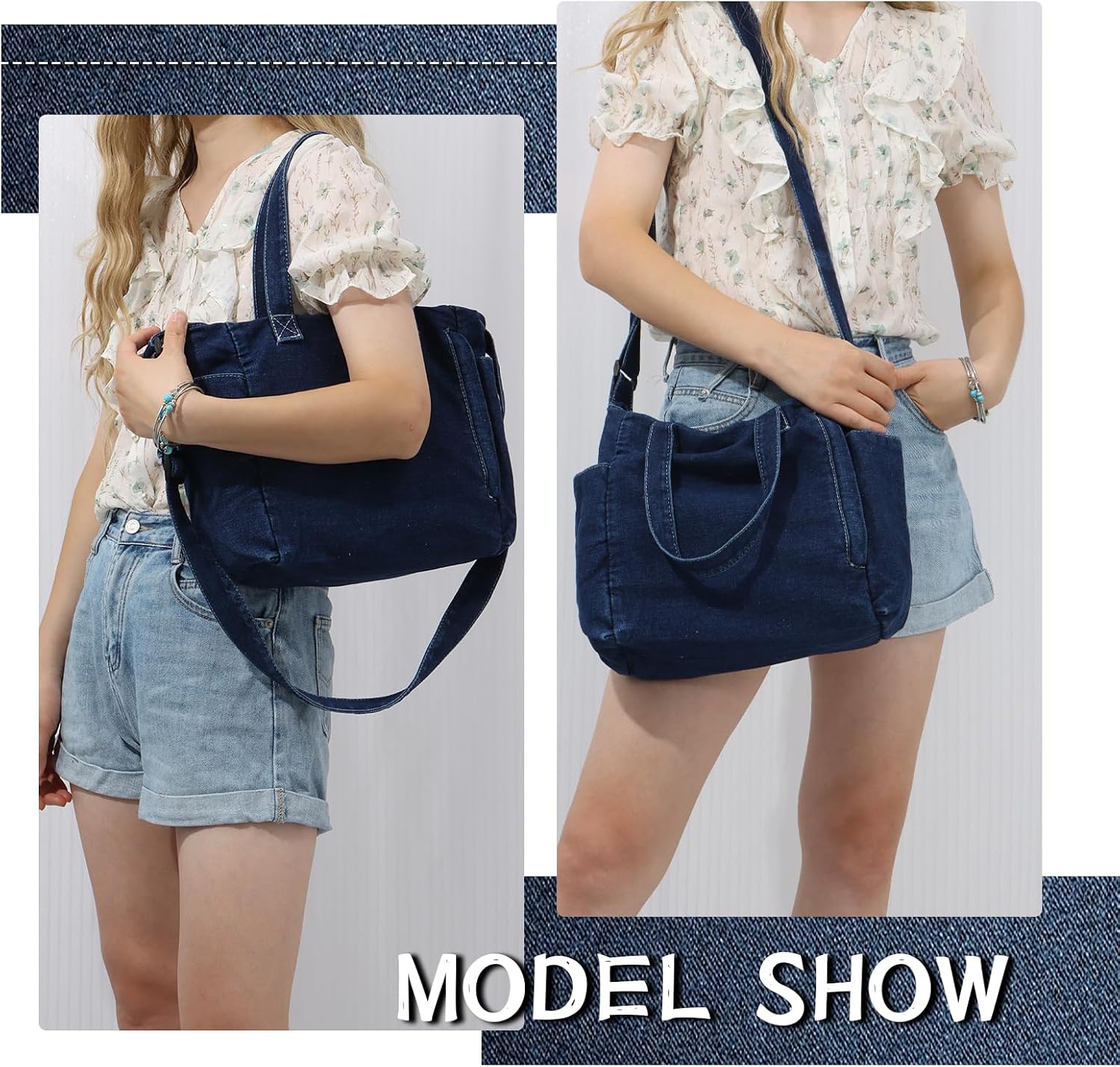 Detalle de Jywmsc Denim-Tragetasche für Damen – Große Canvas-Handtasche mit Reißverschluss
