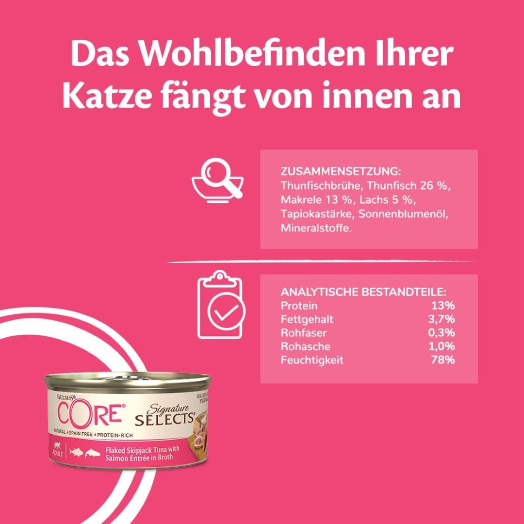 Detalle de Wellness CORE Signature Selects 24 x 79 g: Zart geflockter Thunfisch & Lachs in Brühe – Nassfutter für Katzen