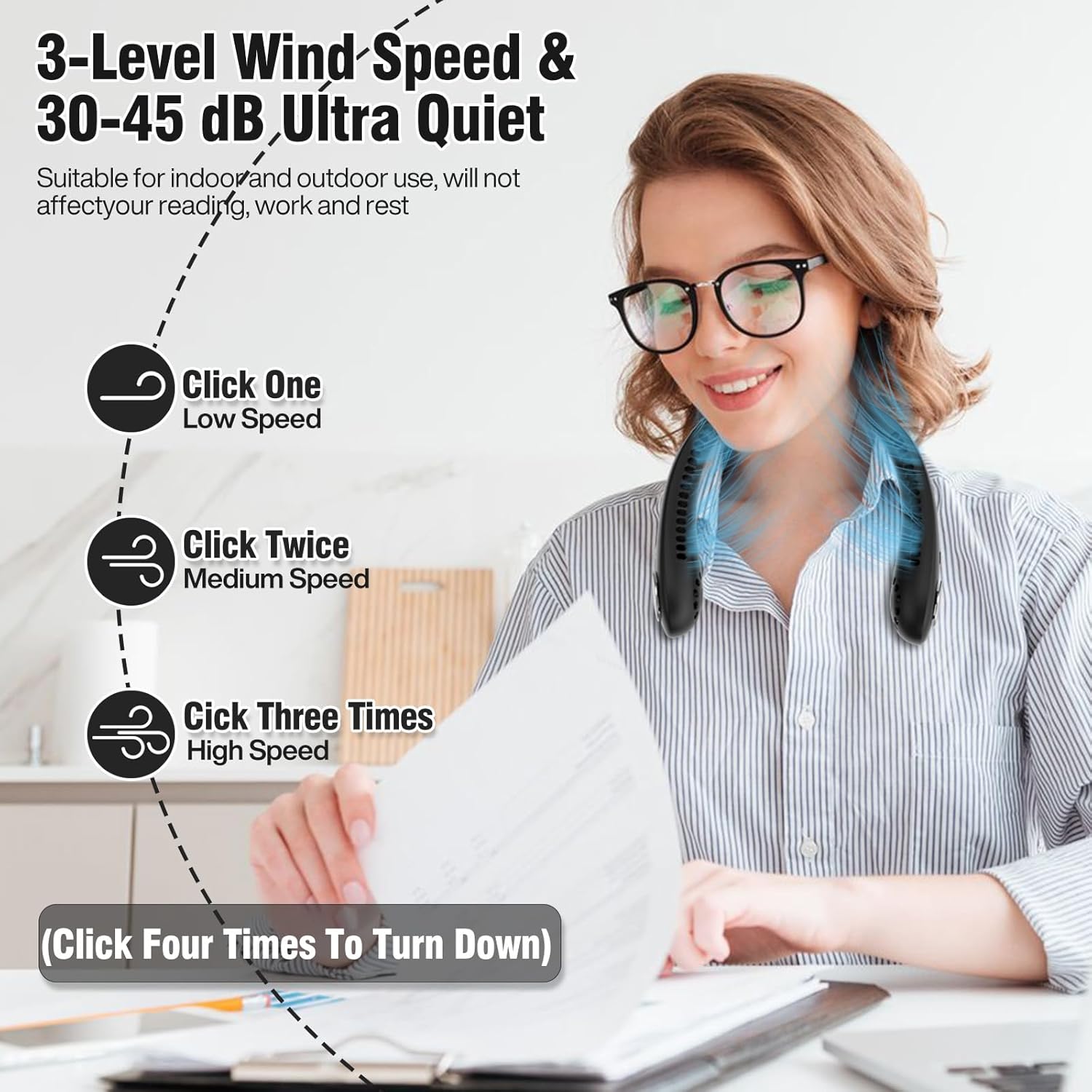 Thumbnail 3 de Portable Hanging Neck Fan (Bladeless) with 360° Airflow, 3 Speeds and Rechargeable Type-C – Black