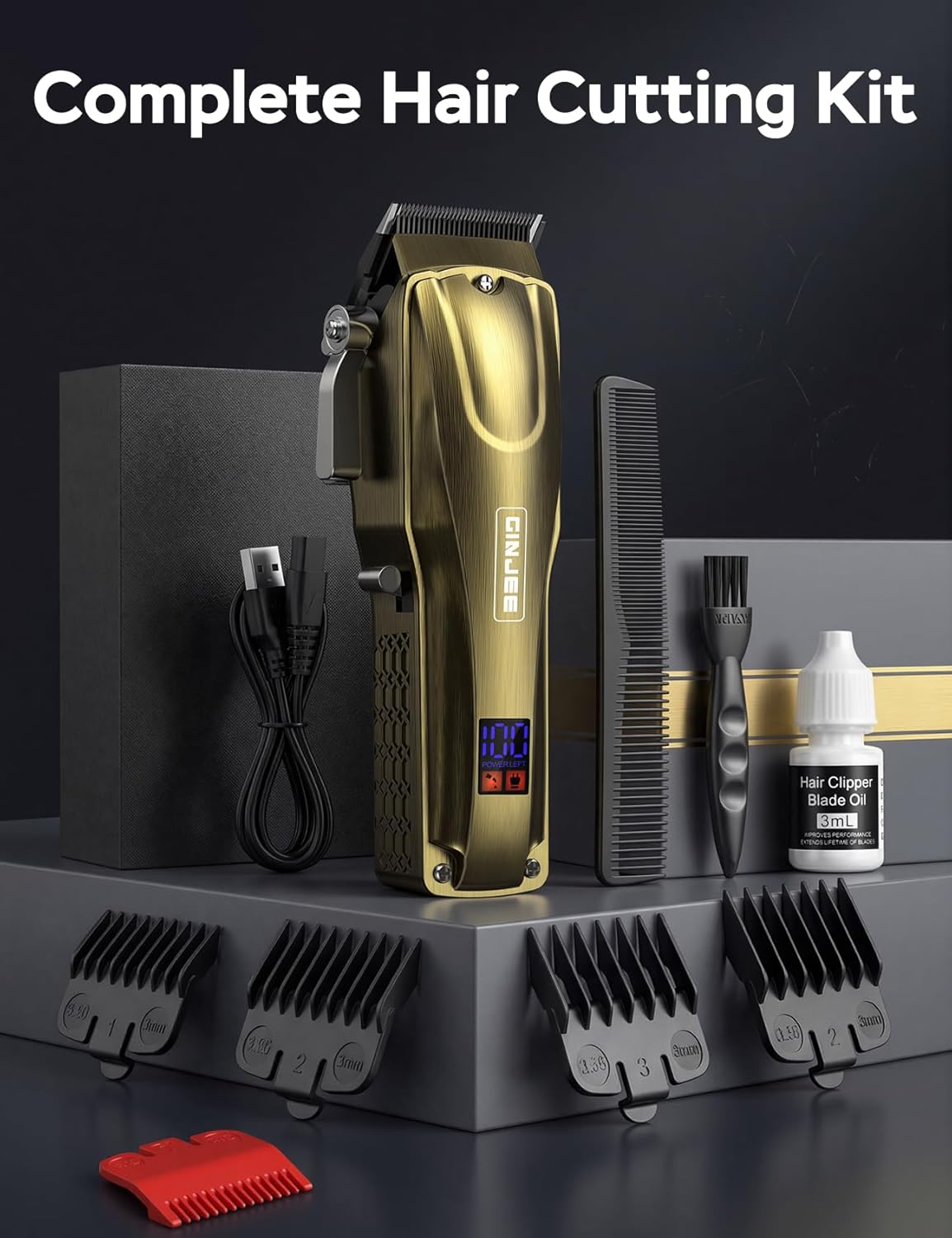 Thumbnail 6 de GinJee Cordless & Corded Hair Clippers for Men (Gold) with LED, 5H Runtime, Waterproof Blade