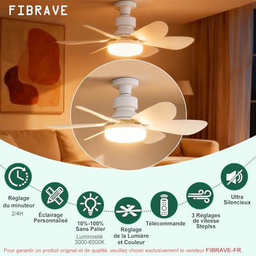 Detalle 2 de Ventilateur de Plafond avec Lumière et Télécommande 52 cm — FIBRAVE