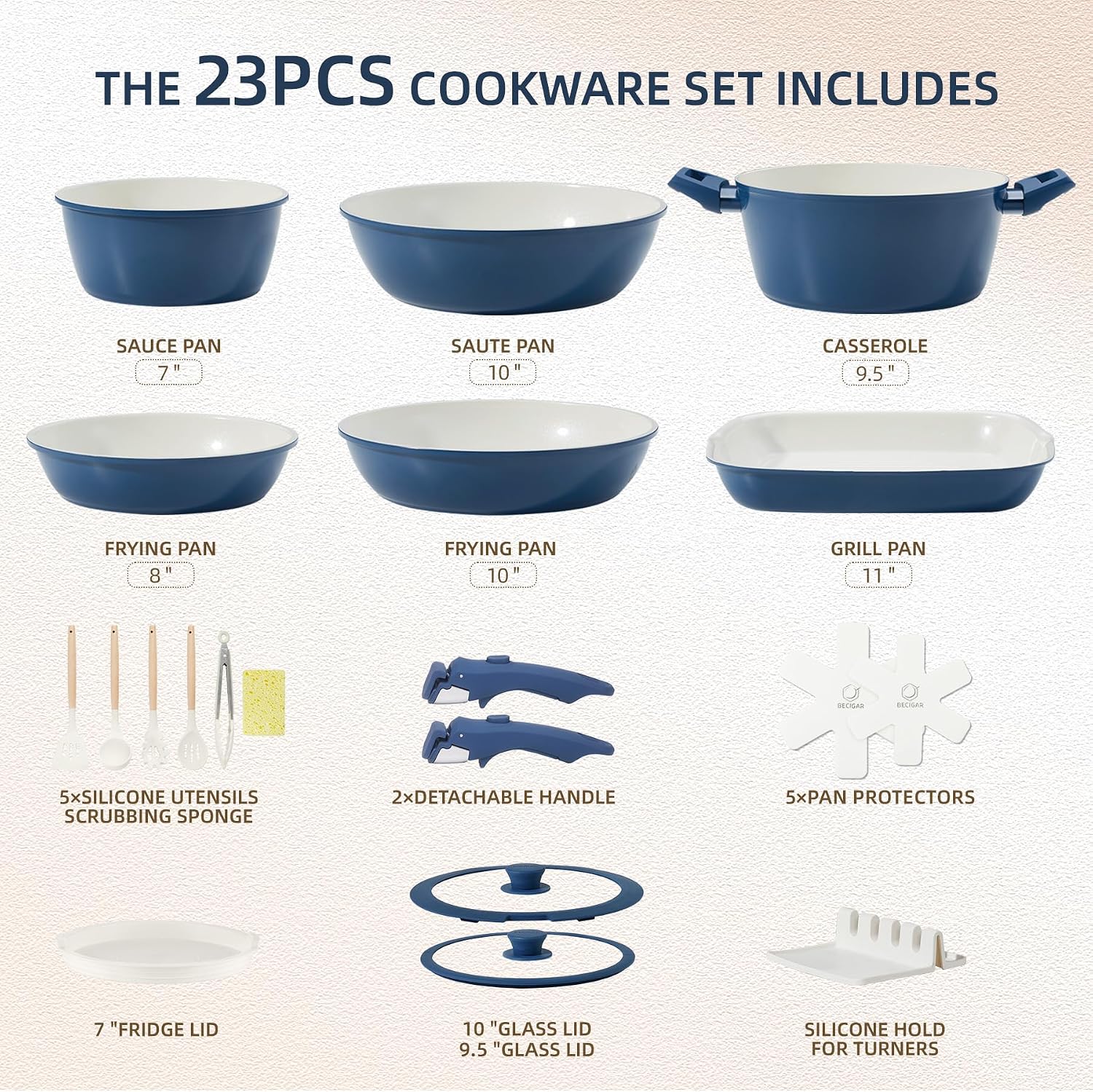 Detalle de BECIGAR 8-Piece Ceramic Nonstick Cookware Set with Detachable Handle (Induction & Oven Safe)