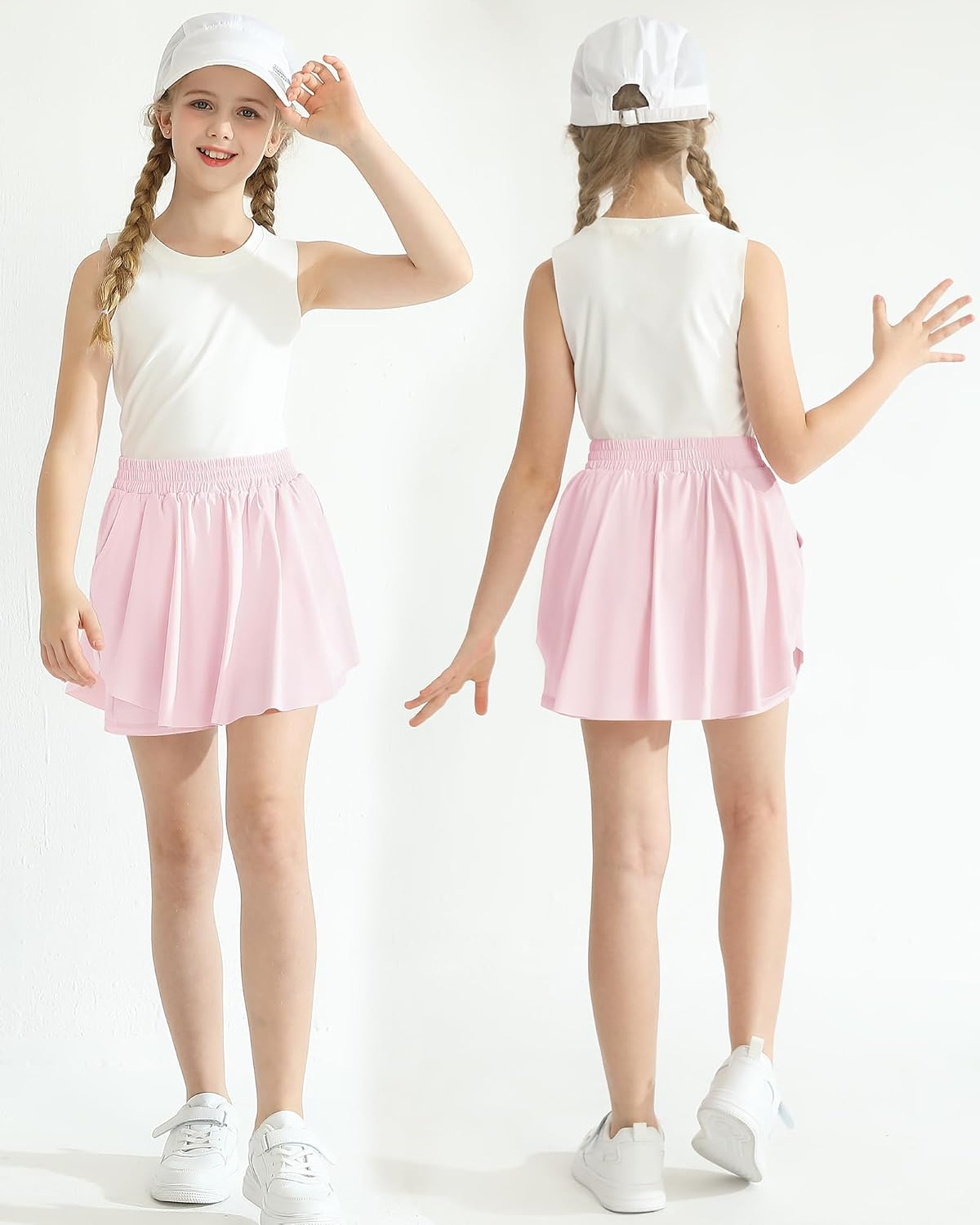 Detalle de Hovershoes Girls Flowy Shorts 2-in-1 Athletic PE Skorts (5-13 Years) – High-Wailed, Pockets, 87% Nylon / 13% Spandex