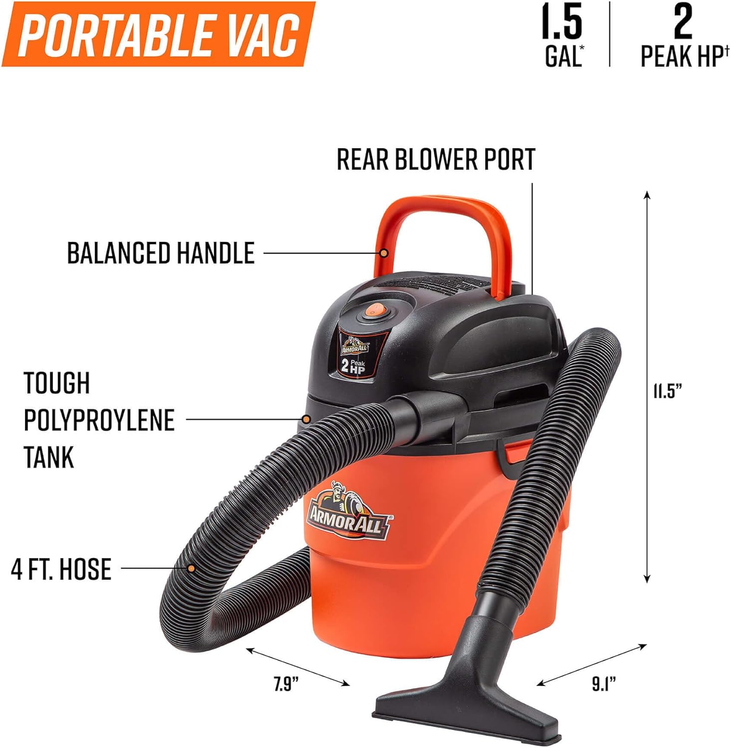 Detalle de Armor All AA155 Portable Wet/Dry Vacuum, 1.5-Gallon, 2 Peak HP