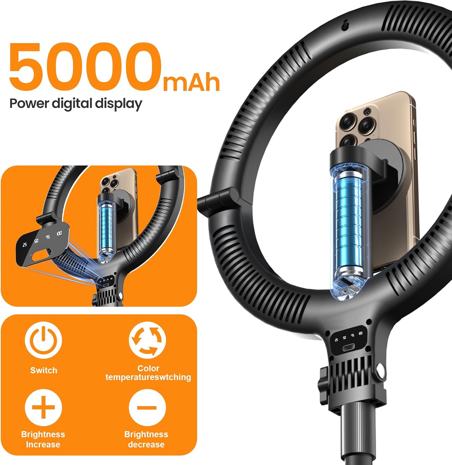 Detalle de Diyife Cordless 10" Ring Light with Tripod Stand, Magnetic Phone Holder & 5000mAh Battery