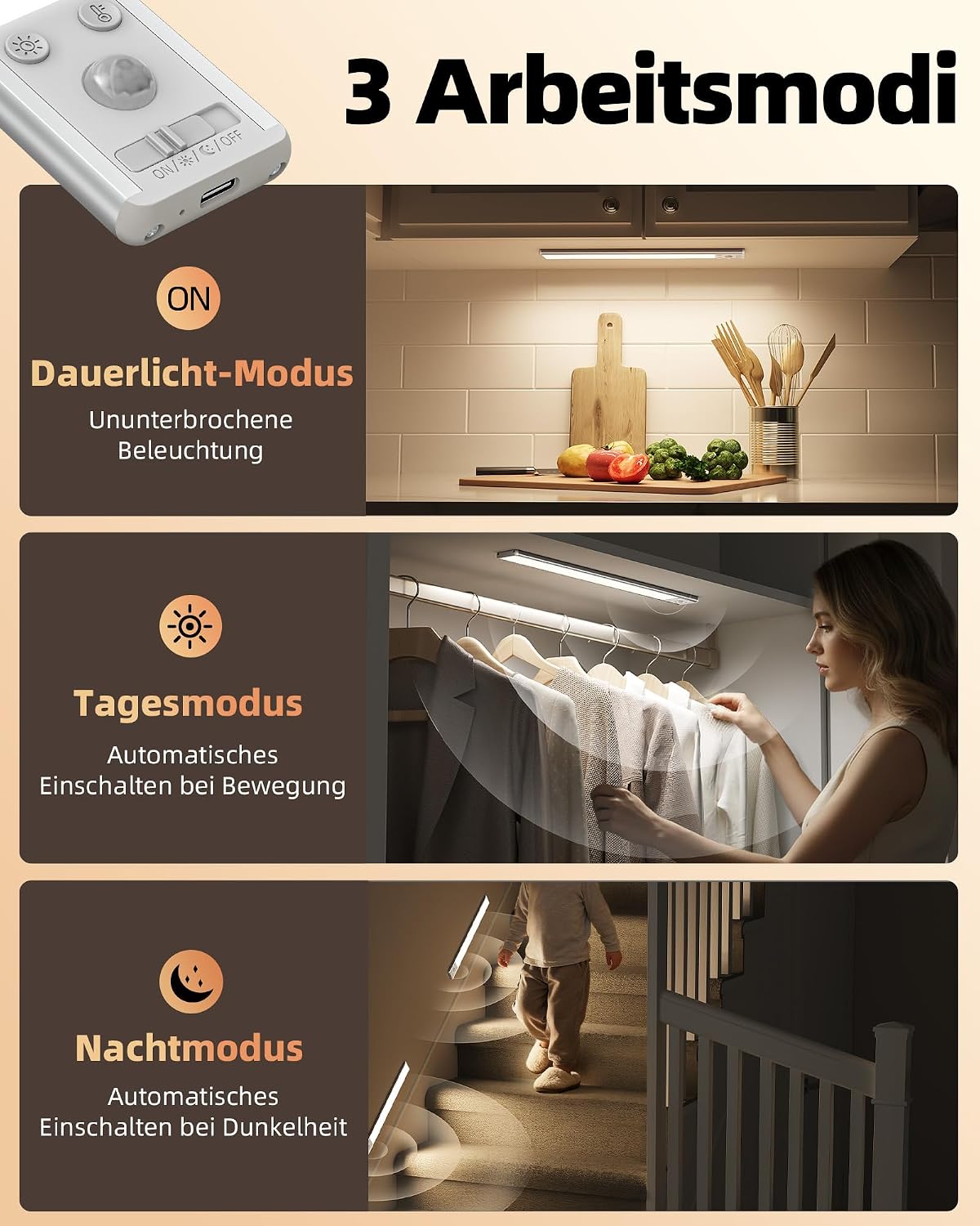 Detalle de EZVALO Schrankbeleuchtung LED 37 cm (2er-Set) mit Bewegungsmelder, 134 LED, 4200mAh, kabellos, 6500K–3000K, dimmbar