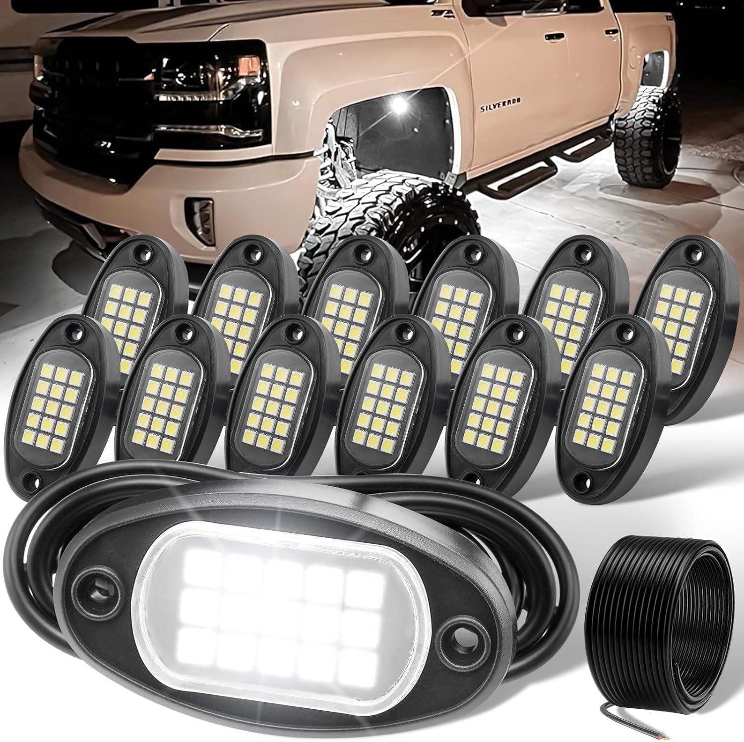 Detalle de YONEDA 12 Pods White Rock Lights 6000K Pure White LED Underglow Lights