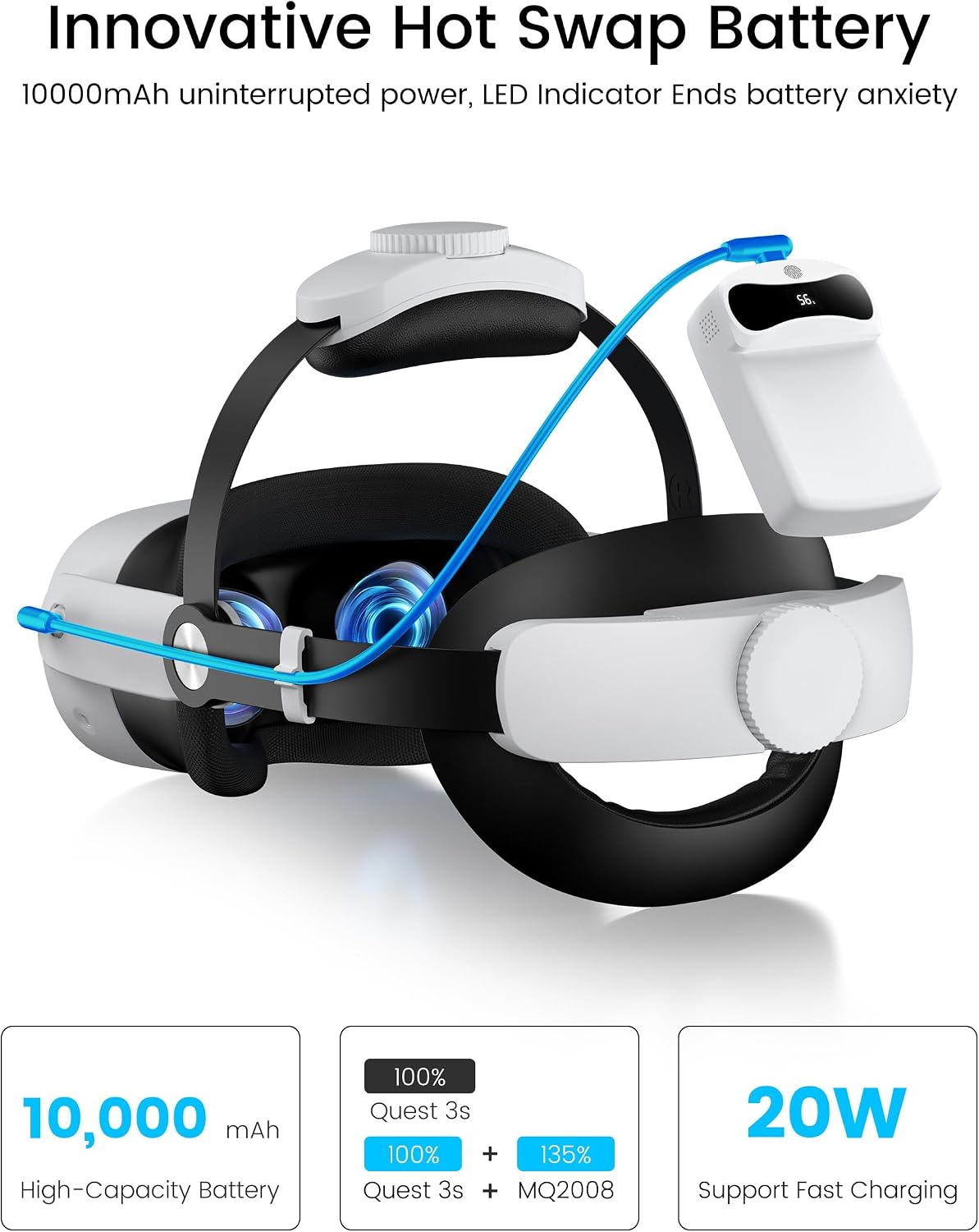 Thumbnail 1 de Elegamefy Headstrap: Verstellbarer VR-Kopfband-Akkukopfhalter für Meta Quest 3/Quest 2 mit 10000 mAh