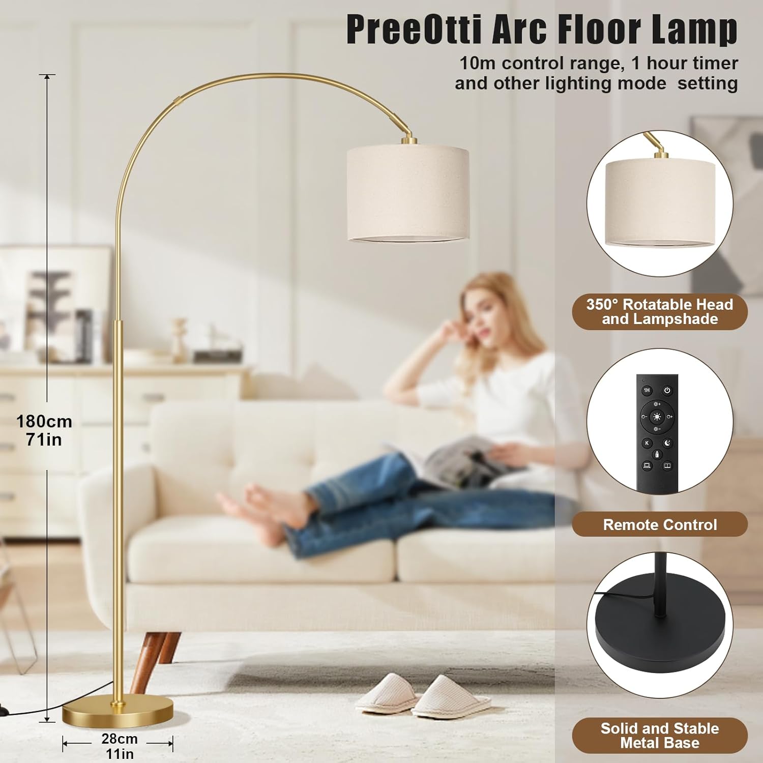 Thumbnail 4 de PreeOtti Arc Floor Lamp, Gold Arc with Remote Control – Dimmable, 3 Colour Temperatures