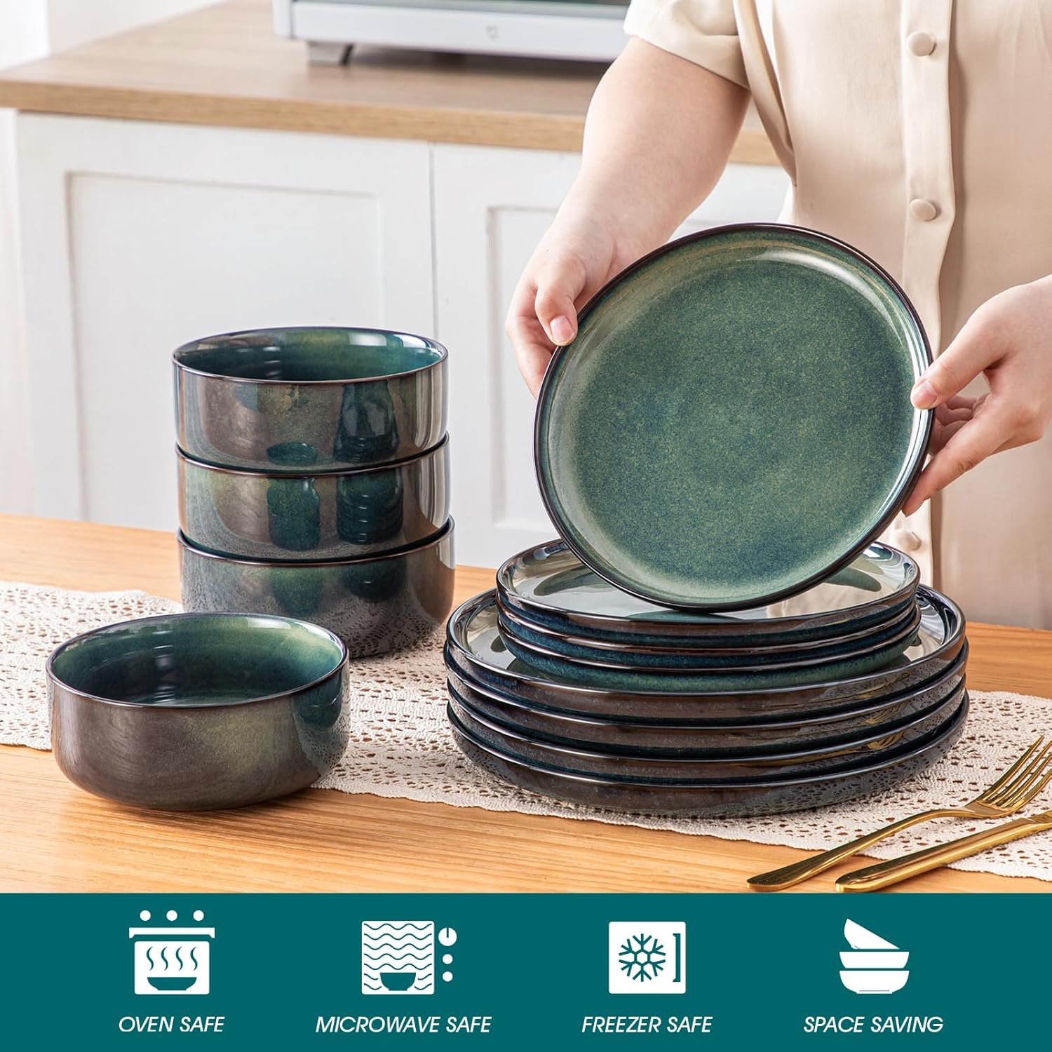 Thumbnail 3 de Vancasso Starry 12-Piece Dinnerware Set for 4 (Green Reactive Glaze)