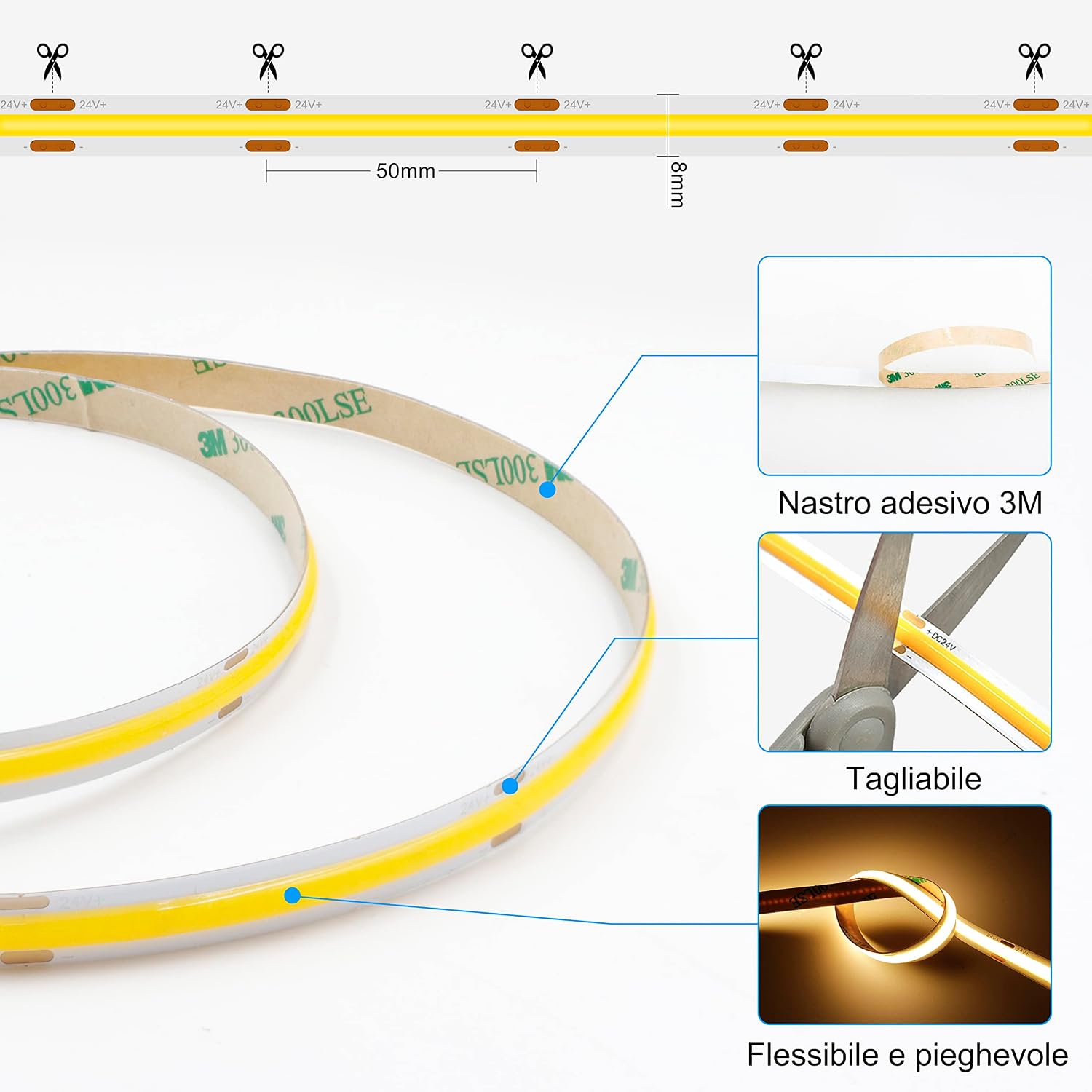 Detalle de Striscia LED COB AXMOTUT 5 metri 24V 2700K, 320 LED/m, 8 mm – kit completo con alimentatore e telecomando RF