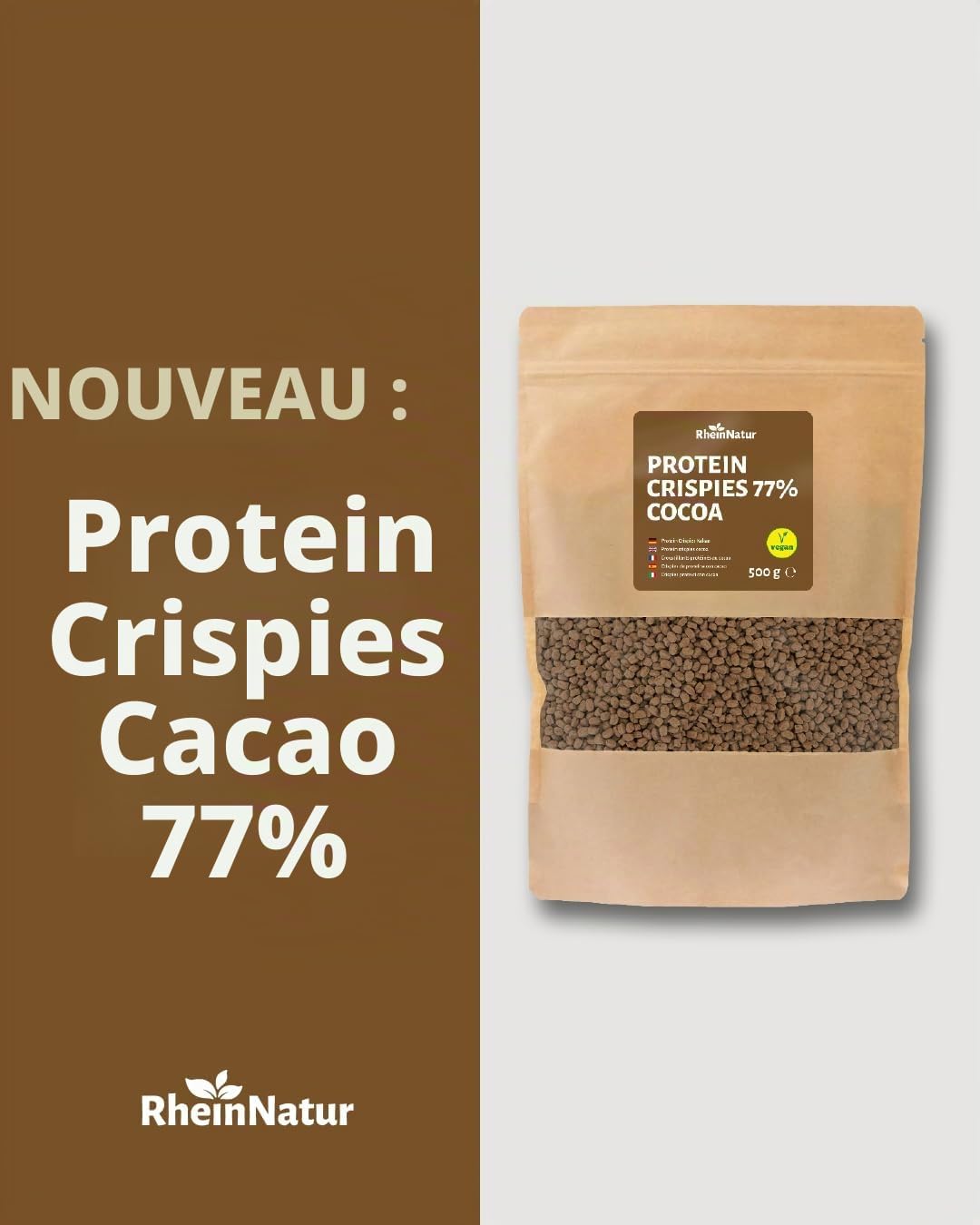 Detalle de RheinNatur soja-eiwitchips met cacao, 77% eiwit, 500 g