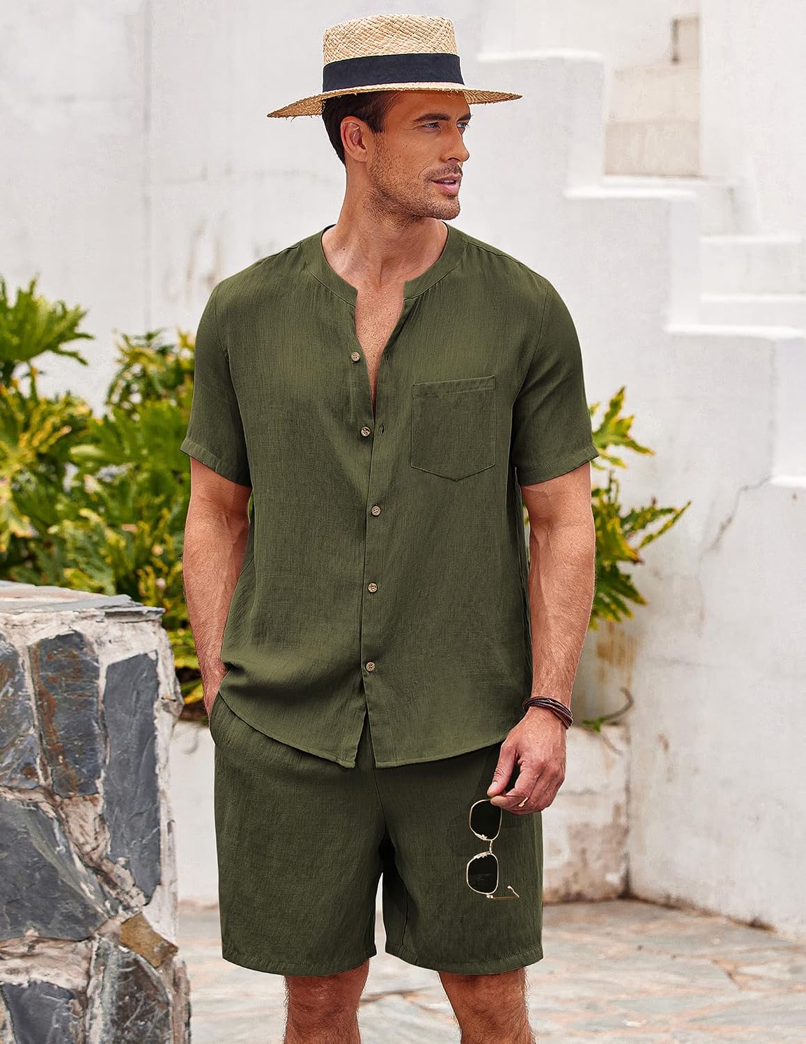 Detalle de Ekouaer Pyjama Homme Été – Ensemble short manches courtes, coton doux et polyvalent