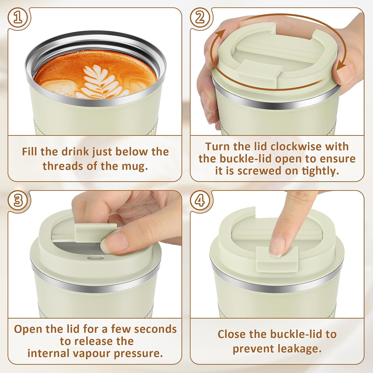 Detalle de KETIEE Thermobecher to go 510 ml (doppelwandig) mit auslaufsicherem Deckel – Creme