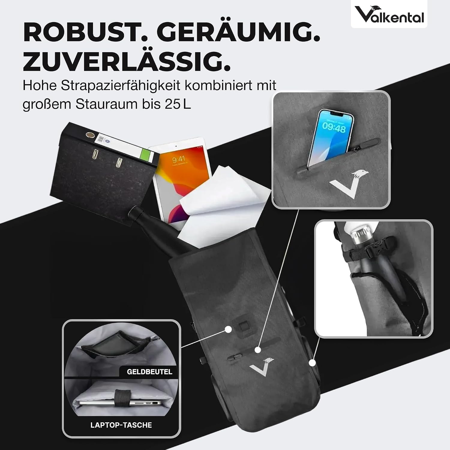 Detalle de Valkental 3in1 Fahrradtasche Pro – Das Original, 23 L, 100% wasserdicht, vielseitig einsetzbar