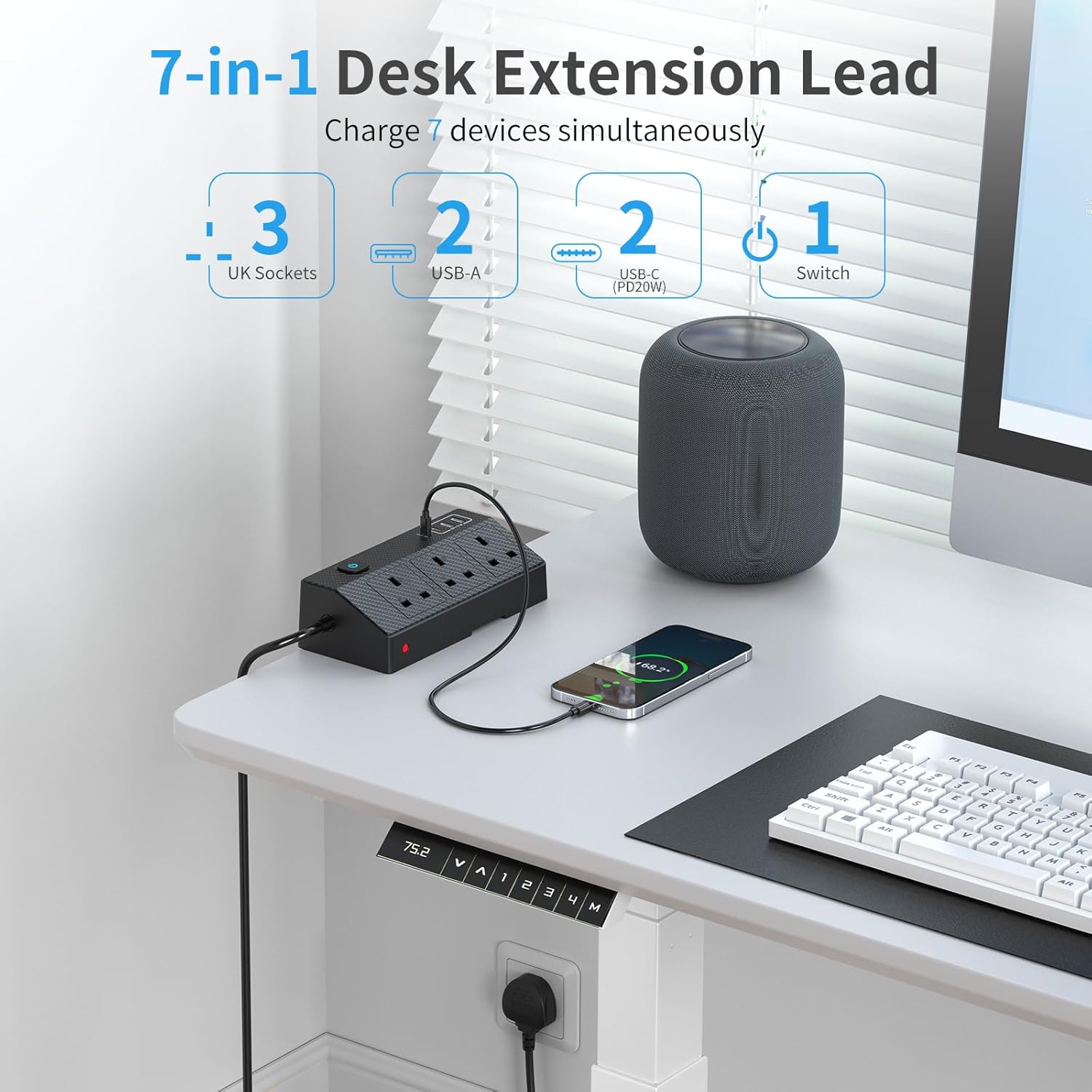 Thumbnail 2 de HAFINO Desk Power Socket with USB-C Slots – 7-in-1 Desk Extension Lead