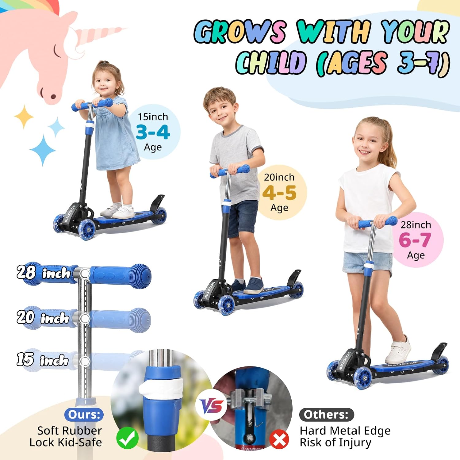 Detalle 2 de Kids 3-Wheel Kick Scooter (Ages 3–7) with Light-Up Wheels, Lean-to-Steer, Adjustable Handlebar