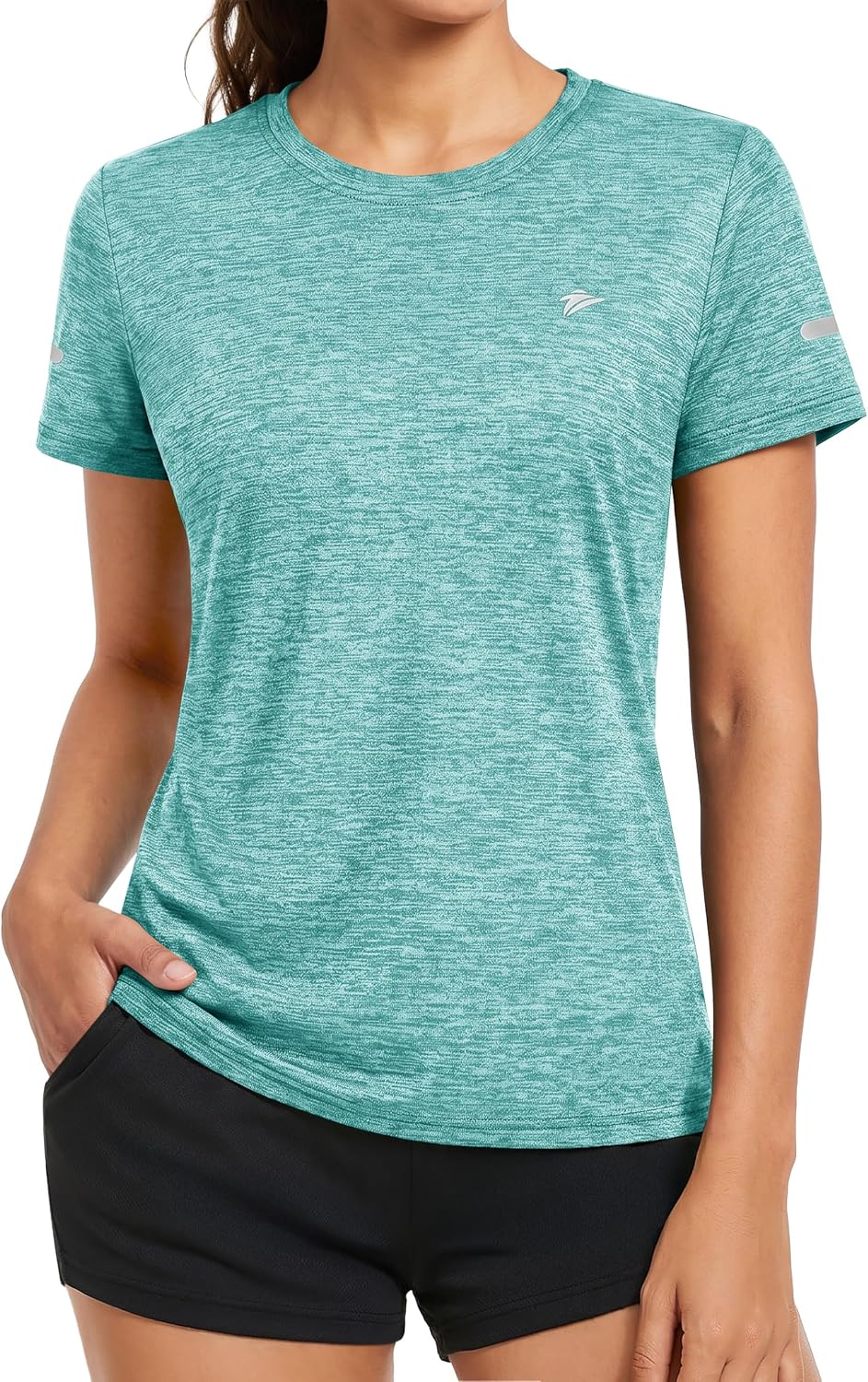 Detalle de KEFITEVD Melange Sportshirt Damen Kurzarm – atmungsaktiv, reflektierend, Regular Fit
