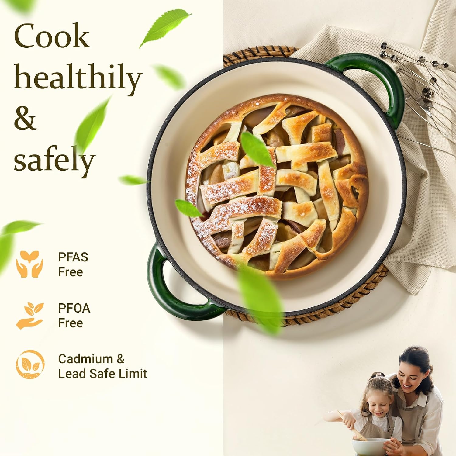 Detalle de Overmont 26cm Enamelled Cast Iron Round Casserole with Lid (5.2L) – Green
