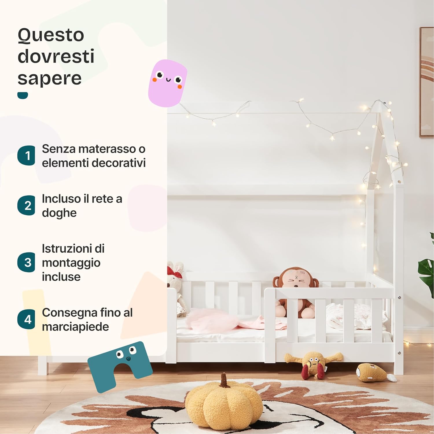 Thumbnail 5 de [en.casa] Letto casetta per cameretta singolo per bambini con barriere di protezione in legno di pino 80x160 cm bianco